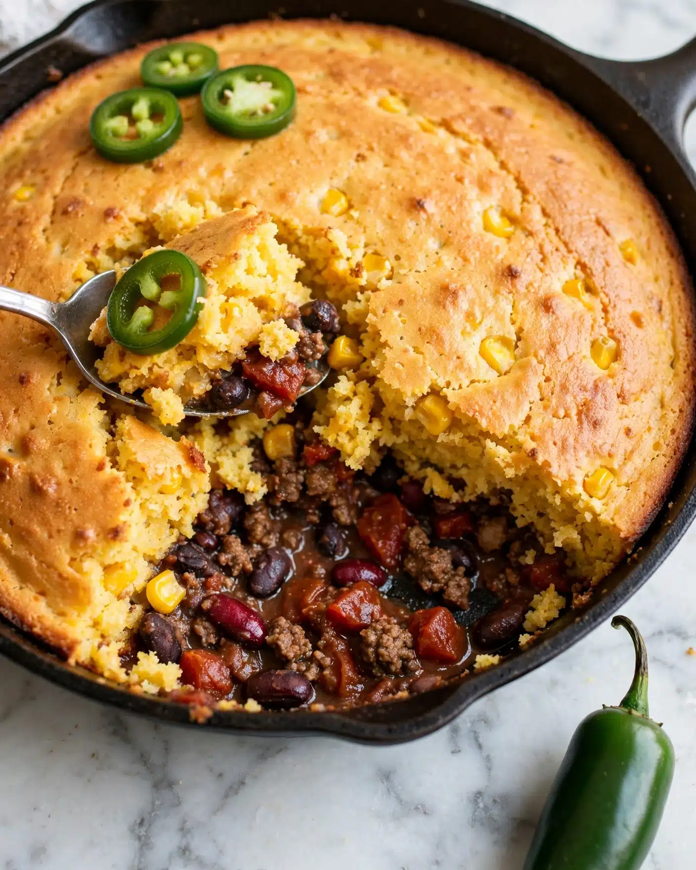 Cornbread Chili Casserole Recipe 5 A close-up view of a skillet showing a dish with two main layers: a thick golden-brown cornbread crust on top with small corn pieces visible, and underneath a rich, chunky mix of dark beans, deep red tomato pieces, and browned ground meat. There are three bright green jalapeño slices placed on the cornbread near the top left, with one slice resting on a silver spoon that has scooped out part of the cornbread, revealing the layered filling beneath. The skillet sits on a white marbled surface, with a jalapeño pepper visible nearby. The image captures a warm, hearty meal with a mix of soft, fluffy, and moist textures. photo taken with an iphone --ar 4:5 --v 7