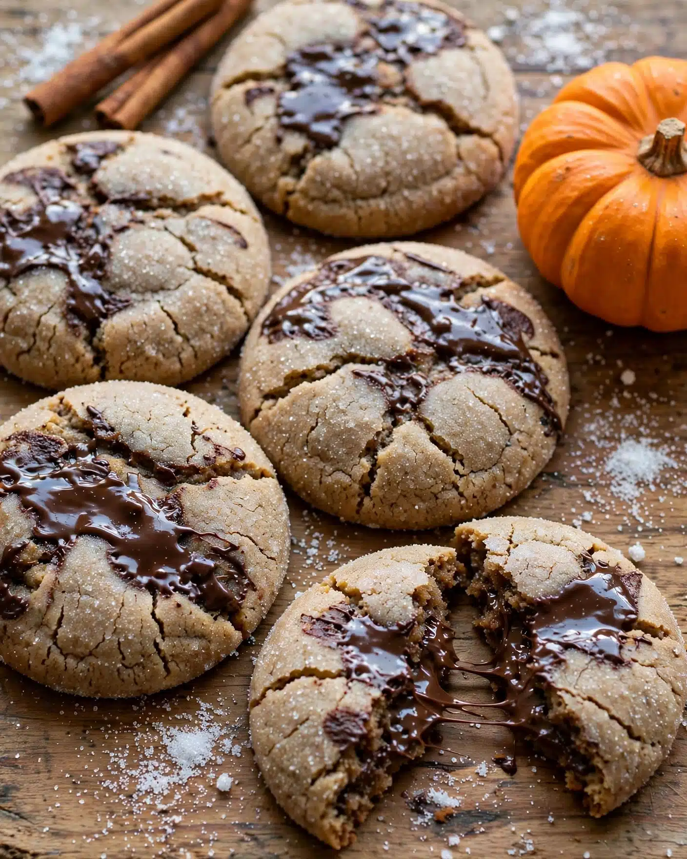 Pumpkin Butter Chocolate Chip Cookies Recipe 5 The image shows several round cookies with a light brown, slightly cracked top layer that has a soft, sugar-coated texture. Each cookie has melted dark chocolate spread unevenly on the upper surface, creating shiny, glossy patches that contrast with the matte cookie dough. One cookie is broken in half to reveal a dense, chewy inside with more melted chocolate visible. The cookies rest on a wooden surface with some white sugar sprinkled around, and there is a small orange pumpkin and two cinnamon sticks placed near the cookies. The photo taken with an iphone --ar 4:5 --v 7