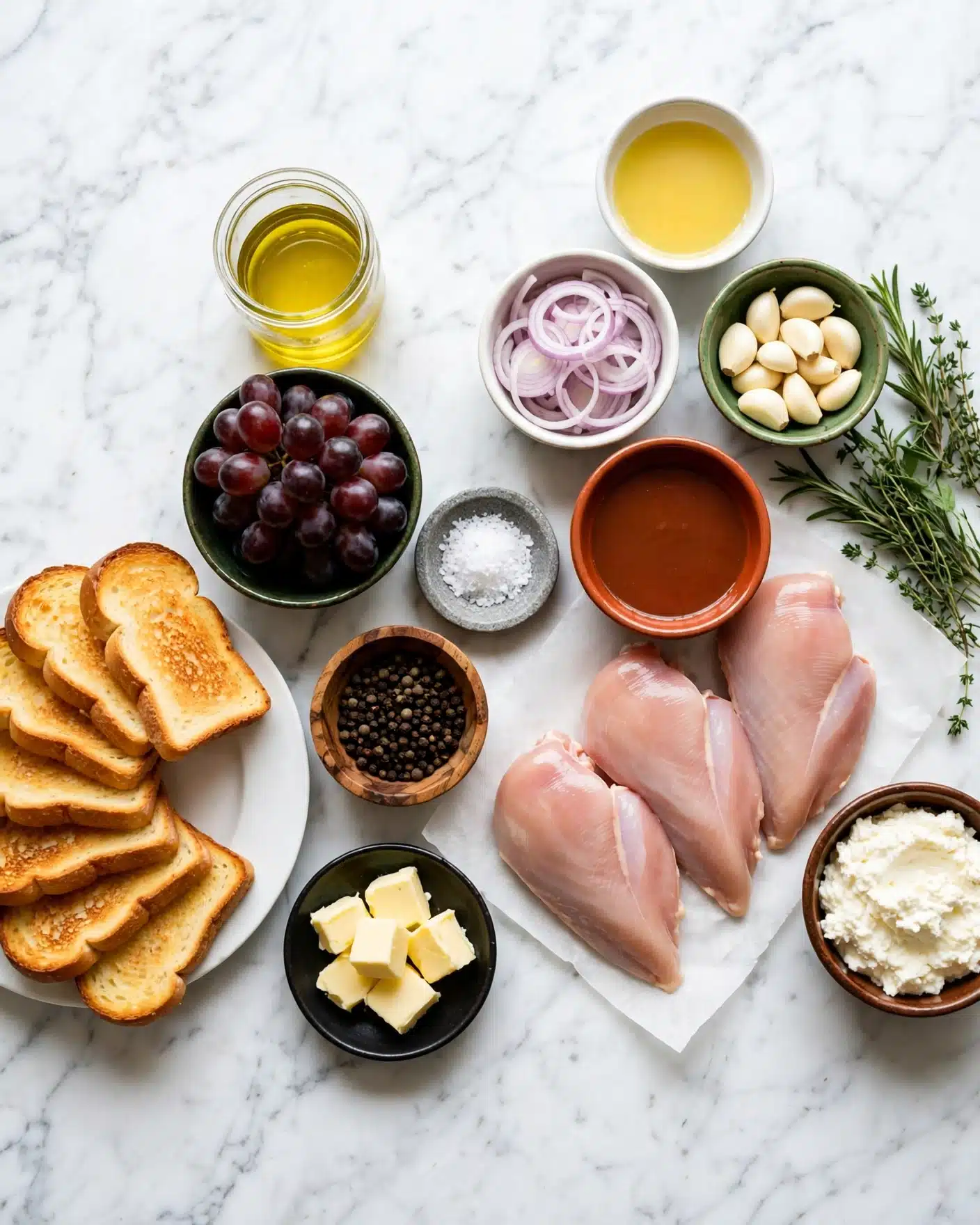 Vineyard Chicken with Roasted Grapes and Honey-Thyme Glaze Recipe 4 The image shows three raw chicken pieces placed on white paper in the center right on a white marbled surface. Above the chicken, there is a small white bowl with light purple sliced onions. Next to it is a small green bowl with peeled garlic cloves. To the right are fresh green herbs. On the bottom right is a small brown bowl filled with white ricotta cheese. To the left side, there is a dark green bowl filled with a bunch of dark red grapes. Above it, a glass container holds a yellow liquid, likely oil. To the left of the grapes, a small black dish holds light yellow butter cubes. Above it is a wooden bowl filled with black pepper. Next to the pepper bowl, a small gray dish contains white salt. Above the salt is a small white bowl with a yellow liquid. An orange-red bowl with a reddish brown liquid is above the chicken near the top center. On the far left, there is a white plate holding several golden toasted bread slices arranged in a fan shape. Everything is on a white marbled surface. Photo taken with an iphone --ar 4:5 --v 7