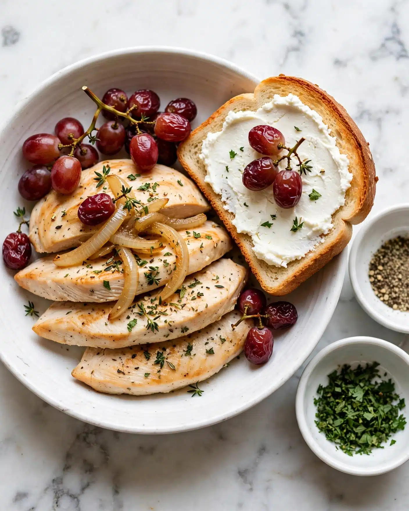 Vineyard Chicken with Roasted Grapes and Honey-Thyme Glaze Recipe 5 A white bowl holds a dish with four slices of grilled light golden chicken breast layered slightly overlapping in the center. The chicken is topped with scattered slices of light tan cooked onions and sprinkled green herbs. Around and on top of the chicken are bright red roasted grapes still on the stem. To the right in the bowl is a toasted white bread slice with a golden crust, spread with white soft cheese, and topped with a few roasted grapes and herbs. The bowl sits on a white marbled surface next to two small white bowls, one with chopped green herbs and the other with black and light tan ground pepper. Photo taken with an iphone --ar 4:5 --v 7