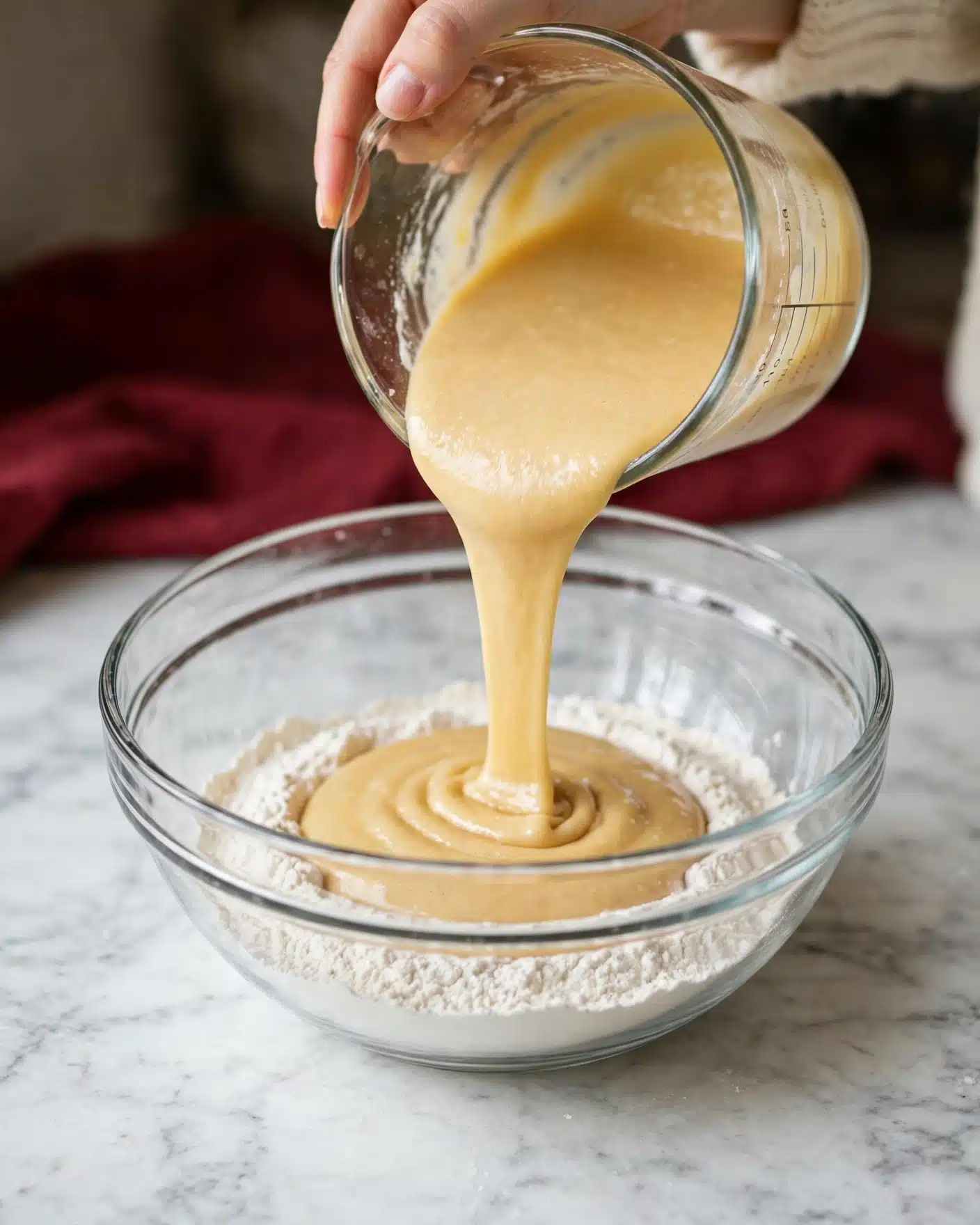 Pumpkin Pancakes Recipe 4 A clear glass bowl on a white marbled surface with a dry white flour mixture forming the base layer. On top of the flour, a smooth, thick, light golden liquid batter is being poured from a transparent container held by a woman's hand. In the background, a dark red cloth adds a touch of color contrast. The scene shows the action of combining the liquid and dry ingredients in the bowl. photo taken with an iphone --ar 4:5 --v 7
