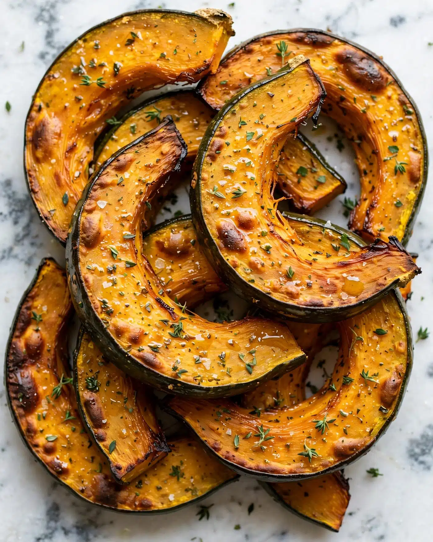 Brown Sugar Acorn Squash Recipe 5 The image shows several roasted pumpkin slices piled closely together. Each slice has a thick dark green skin edge with the inner flesh a warm golden orange color, some edges showing a deeper browned crust from roasting. The texture looks slightly crispy on the outside but soft inside, with tiny spots of glistening oil and small green herb sprinkles evenly scattered on top. The slices are layered in a way that some overlap others, creating depth and contrast between the darker skin and bright flesh. The background is a white marbled texture. Photo taken with an iphone --ar 4:5 --v 7