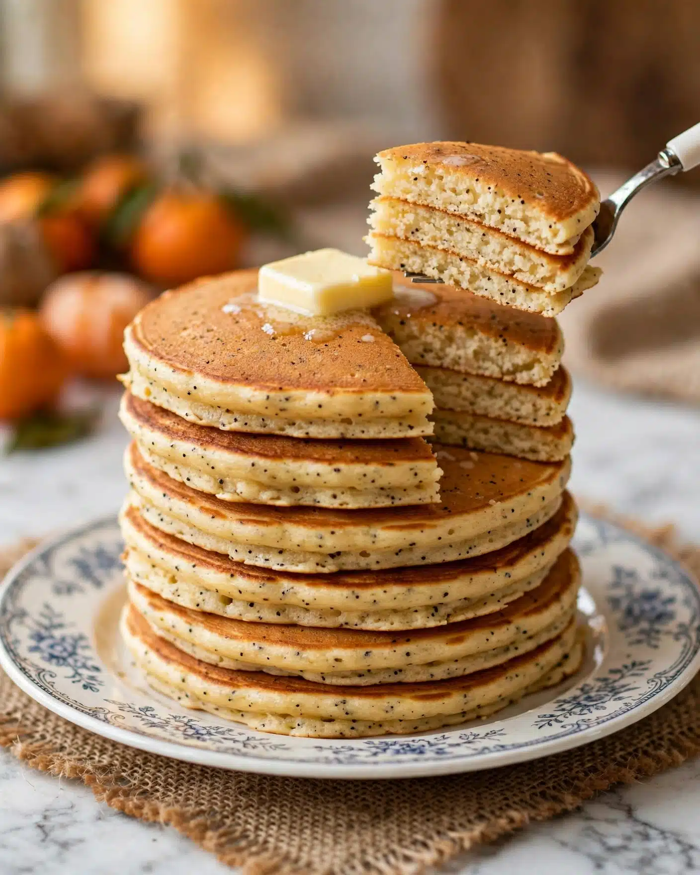 Pumpkin Pancakes Recipe 5 A tall stack of seven thick golden-brown pancakes with visible small specks, placed on a white plate with a patterned edge, resting on a piece of burlap over a white marbled surface. The pancakes look soft and fluffy with a slightly uneven texture. On top of the stack sits a square piece of pale yellow butter slowly melting. A fork with a white handle is lifting one wedge-shaped slice from the middle of the top pancake, revealing the soft inside layers. The background is softly blurred with warm tones and hints of orange fruit. Photo taken with an iphone --ar 4:5 --v 7
