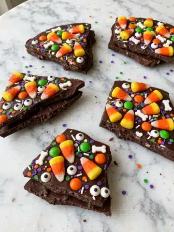 Spooky Halloween Chocolate Bark with Candy Corn, Pretzels, and Assorted Toppings Recipe