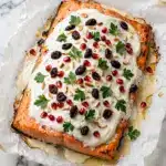 Festive Baked Salmon with Creamy Dill Sauce, Cranberry Almond Tapenade, and Pomegranate Garnish Recipe