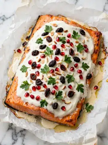 Festive Baked Salmon with Creamy Dill Sauce, Cranberry Almond Tapenade, and Pomegranate Garnish Recipe