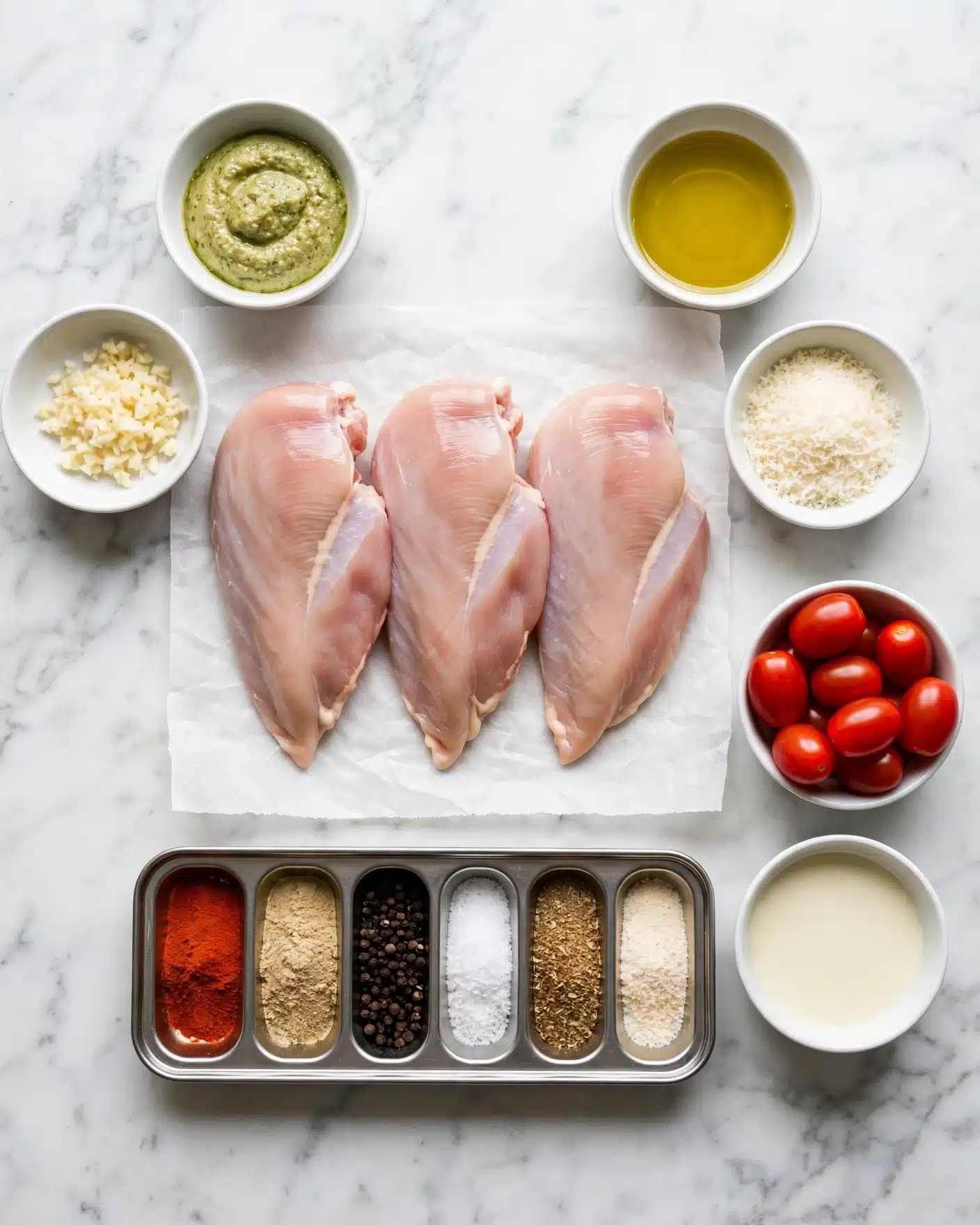 Pesto Chicken with Roasted Cherry Tomatoes Recipe 4 The image shows three raw chicken pieces placed on white paper in the center of a white marbled surface. Surrounding the chicken are small white bowls containing different ingredients: a light green pesto, grated white cheese, minced garlic, and golden olive oil. Below the chicken, there is a metal tray holding six spices with colors including red, beige, black, and white. To the right, there is a white bowl filled with shiny, bright red grape tomatoes, and a small white bowl with a light cream liquid. All items are arranged neatly on the white marbled surface. photo taken with an iphone --ar 4:5 --v 7
