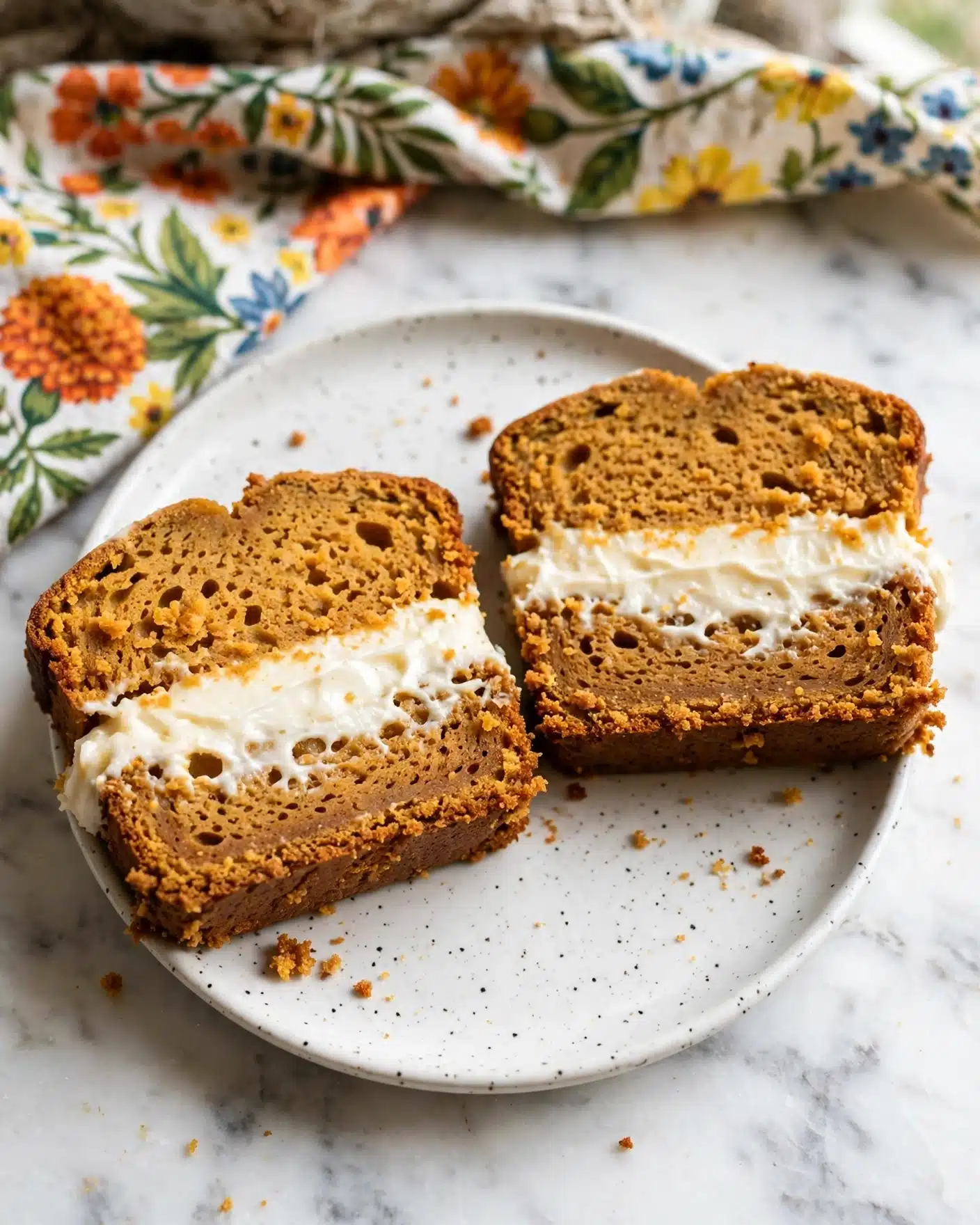 Cream Cheese Pumpkin Bread Recipe 5 Two slices of pumpkin bread rest on a white plate with small black speckles. Each slice has three layers: a top and bottom layer of soft, orange-brown pumpkin bread with small holes, and a middle layer of smooth, creamy white filling that runs unevenly through the center. The bottom edges have a crumbly, darker brown crust texture. There are small crumbs scattered around the plate. The plate sits on a white marbled surface with a colorful cloth featuring orange, yellow, green, and blue floral patterns partly visible in the background photo taken with an iphone --ar 4:5 --v 7