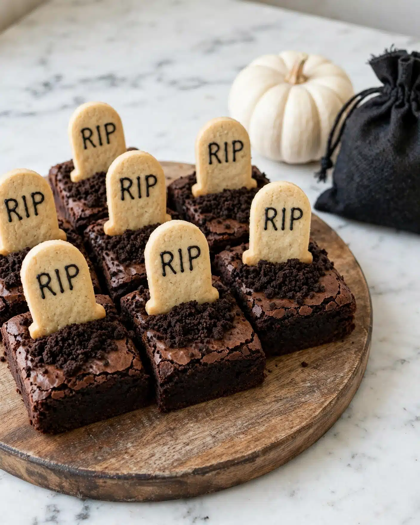 Graveyard Brownies Recipe 5 The image shows a round wooden board holding several chocolate brownies arranged closely together. Each brownie layer is dark brown with a slightly rough texture, topped with crumbled chocolate pieces that look like soil. Sticking out from the center of each brownie is a cookie shaped like a tombstone, pale beige in color with the letters