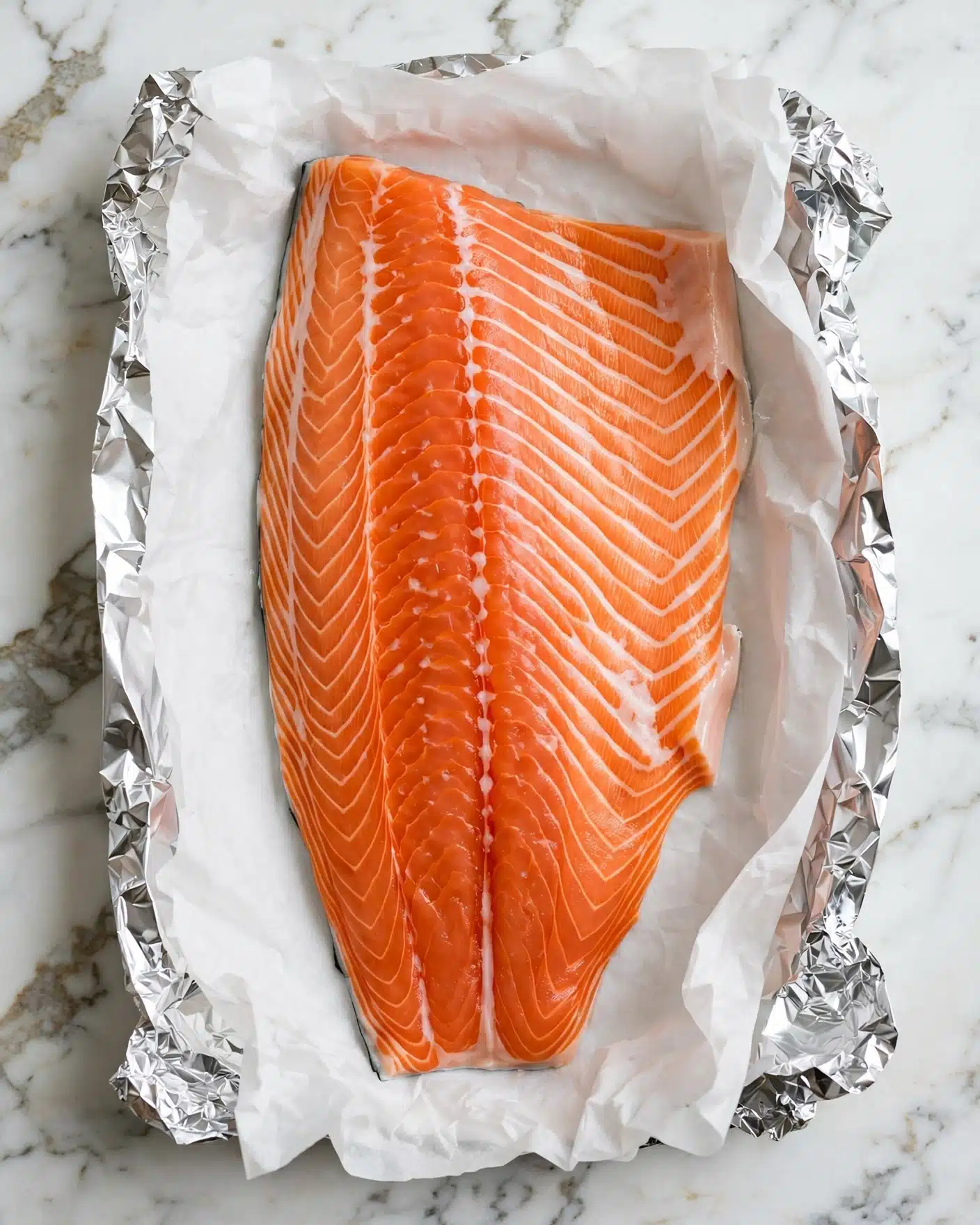 Festive Baked Salmon with Creamy Dill Sauce, Cranberry Almond Tapenade, and Pomegranate Garnish Recipe 4 A large, fresh orange fish fillet with bright white lines running across it lies flat on a piece of white parchment paper. The parchment is partially wrapped with shiny silver foil on the edges, and the whole setup rests on a white marbled surface. The fillet's smooth texture and clean cuts show its freshness clearly. photo taken with an iphone --ar 4:5 --v 7