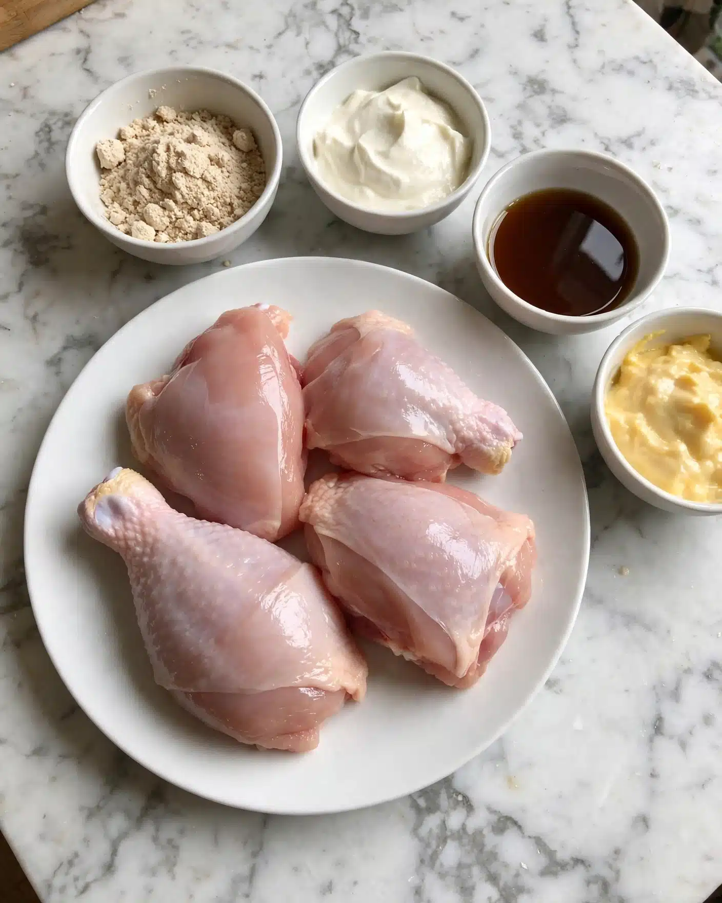 Crockpot Chicken and Gravy Recipe 4 The image shows a white plate in the center with four raw chicken pieces that are pale pink with smooth, slightly shiny skin. Surrounding the plate are four small white bowls arranged in a loose semi-circle: the top left bowl holds a light beige powder with a crumbly texture, next to it on the right is a white creamy substance with a thick texture, then a bowl with a dark amber liquid, and finally on the far right, a bowl containing a yellow creamy mixture with a soft surface. All items are set on a white marbled surface. Photo taken with an iphone --ar 4:5 --v 7
