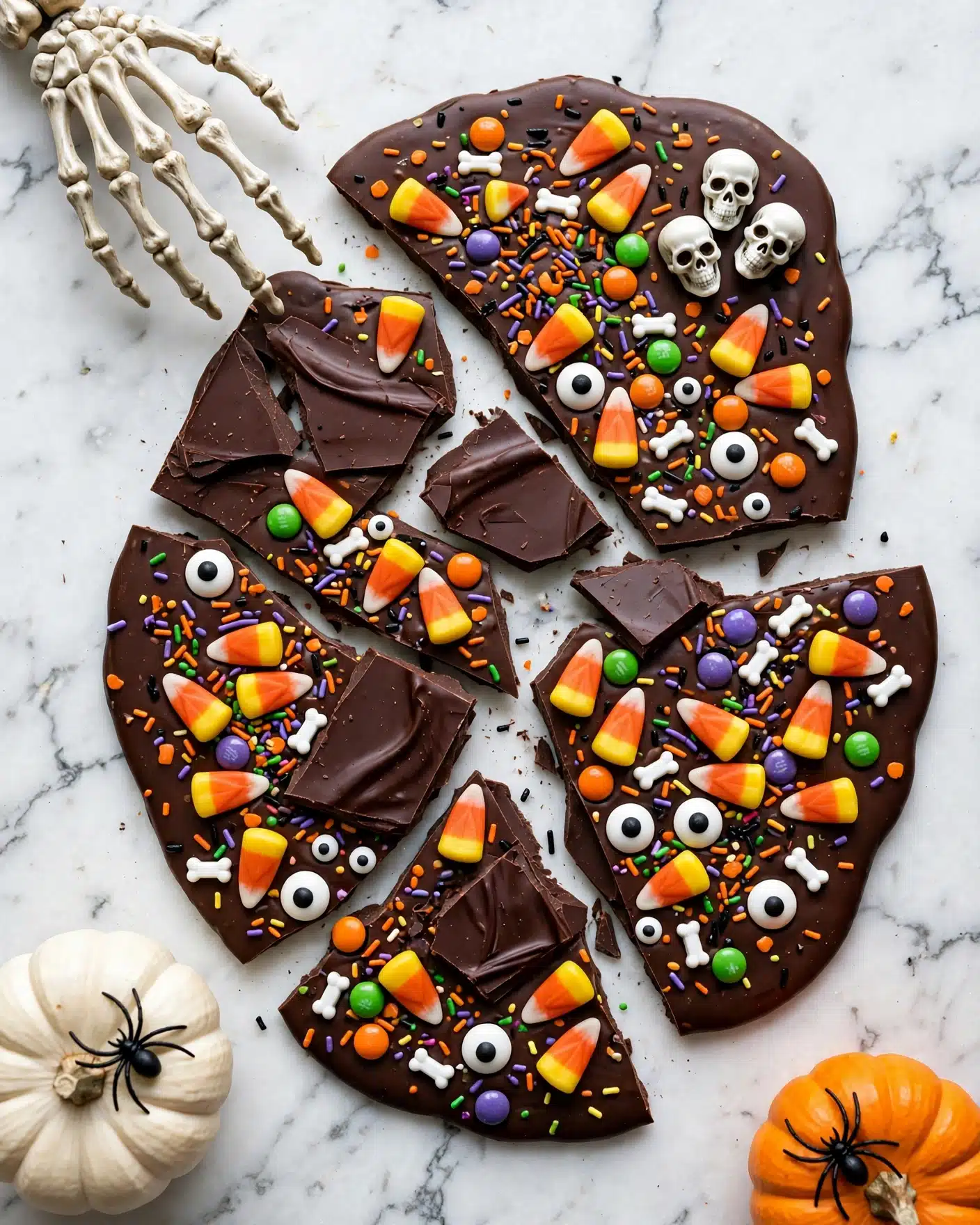 Spooky Halloween Chocolate Bark with Candy Corn, Pretzels, and Assorted Toppings Recipe 5 A large piece of dark chocolate bark broken into multiple pieces and laid flat on a white marbled surface, covered with colorful Halloween-themed toppings; the base layer is smooth and glossy dark brown chocolate, topped with scattered candy corn pieces that are yellow, orange, and white, along with white candy eyeballs of various sizes having black centers, and small round candy coated chocolates in green, orange, and purple. There are also colorful sprinkles in orange, purple, green, yellow, and black, some tiny white candy bones, and three white skull decorations placed near the top right edge. On the surface near the corners, there are white and orange small pumpkins with plastic spiders on them, and a skeleton hand extended from the top left corner reaching toward the chocolate bark. Photo taken with an iphone --ar 4:5 --v 7