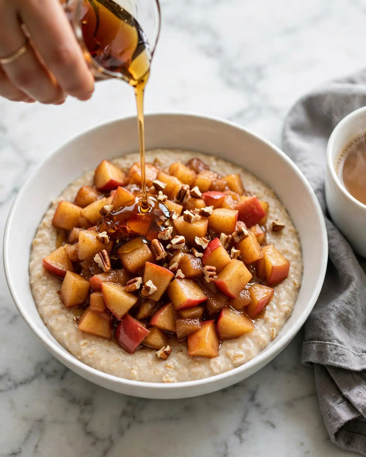 Apple Cinnamon Oatmeal Recipe 5 A bowl with a thick oatmeal base that is beige and creamy fills the bottom layer. On top, there is a second layer of chopped cooked apples mixed with cinnamon, showing red and golden colors with a soft texture. Sprinkled on the apple layer are small pieces of light brown pecans adding crunch. From the top left corner, a woman's hand is pouring amber-colored syrup over the dish, flowing in a thin steady stream. The bowl is white with a simple shape and sits on a white marbled surface. A gray cloth napkin and a white cup with a warm drink are partly visible on the right side. Photo taken with an iphone --ar 4:5 --v 7