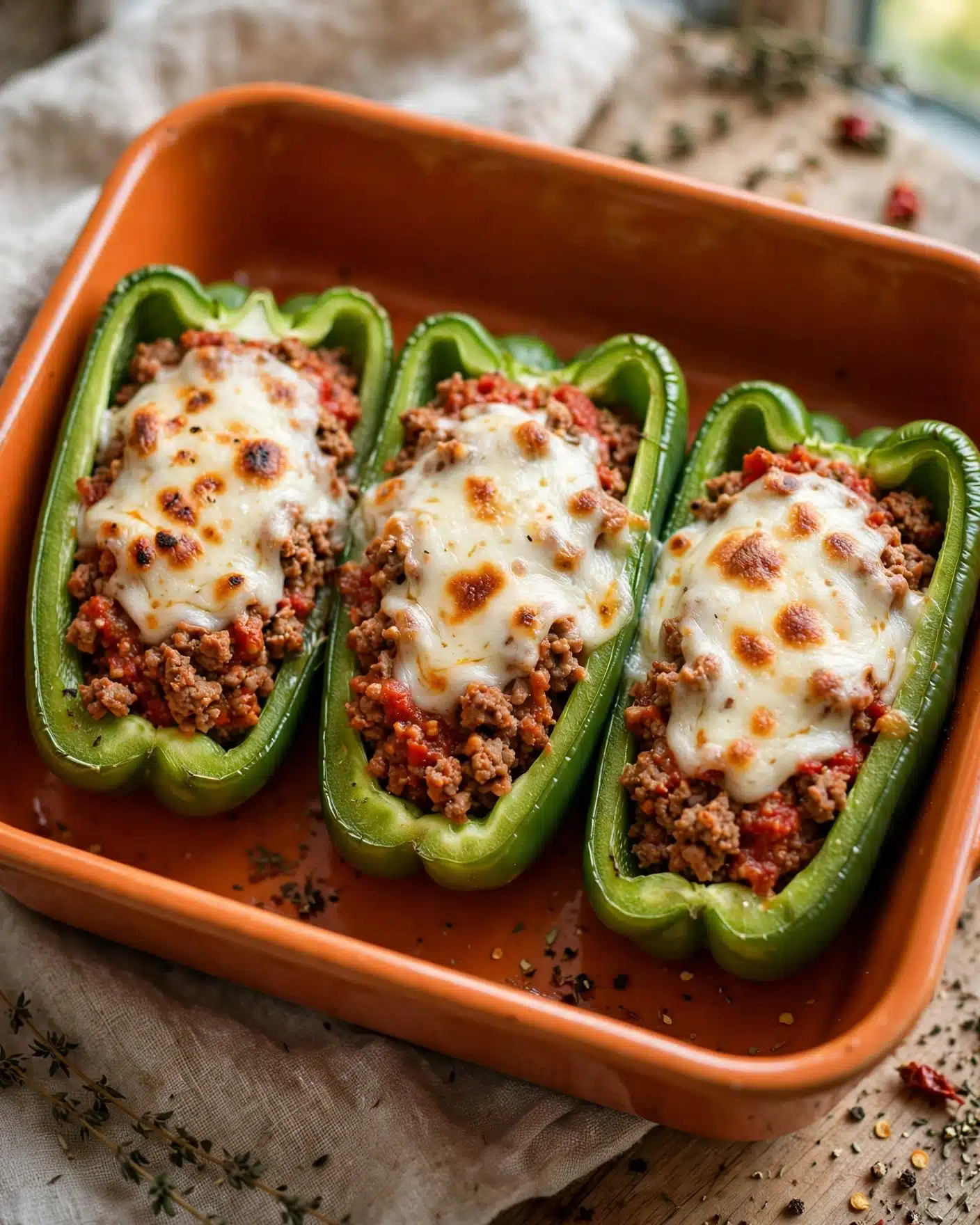 Old Fashioned Stuffed Bell Peppers Recipe 5 Three green bell pepper halves are filled with a mixture of ground meat and sauce, topped with melted white cheese that looks slightly browned. The peppers are sitting inside an orange square baking dish with rounded edges. The filling inside the peppers has a textured and slightly crumbly look with bits of red sauce visible underneath the cheese. The orange dish contrasts with the green peppers, and the cheese layer is smooth and creamy on top. photo taken with an iphone --ar 4:5 --v 7