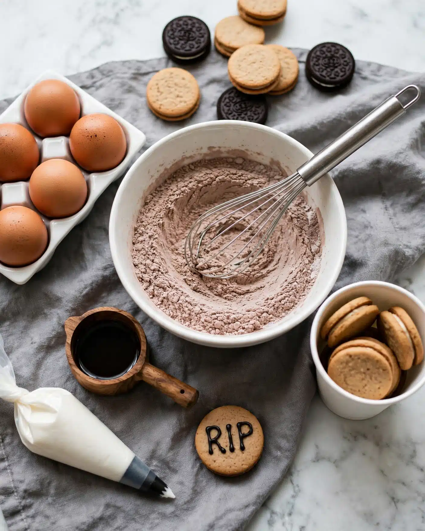 Graveyard Brownies Recipe 4 A white bowl sits in the center filled with a light brown powder mix, with a silver whisk resting inside making a swirl pattern. Around the bowl, on a gray cloth on a white marbled surface, there are six brown eggs in a white holder on the left, a wooden measuring cup with a dark liquid below the bowl, and a white paper cup with several light brown sandwich cookies to the right. Scattered near the top are more cookies, including a few black sandwich cookies, and a single cookie decorated with the word