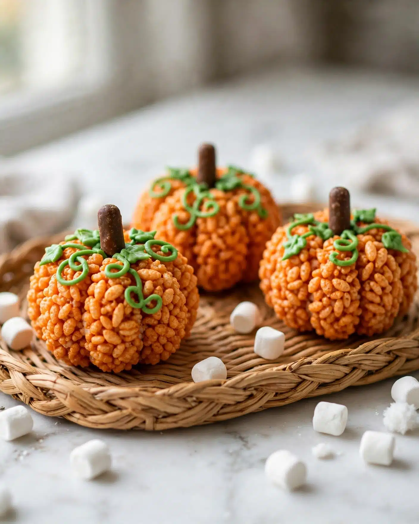 Pumpkin Rice Krispie Treats Recipe 5 The image shows three pumpkin-shaped treats placed on a light brown woven tray, which sits on a white marbled surface. Each treat has a textured, orange base made of puffed rice or similar cereal, giving a crunchy look. On top of each orange base is a short, rounded brown candy stick acting as the pumpkin stem. Bright green icing vines curl and loop around the top of each pumpkin, adding a fresh, decorative touch. Scattered around the tray and surface are small white marshmallows, enhancing the cozy, autumnal feel of the scene. photo taken with an iphone --ar 4:5 --v 7