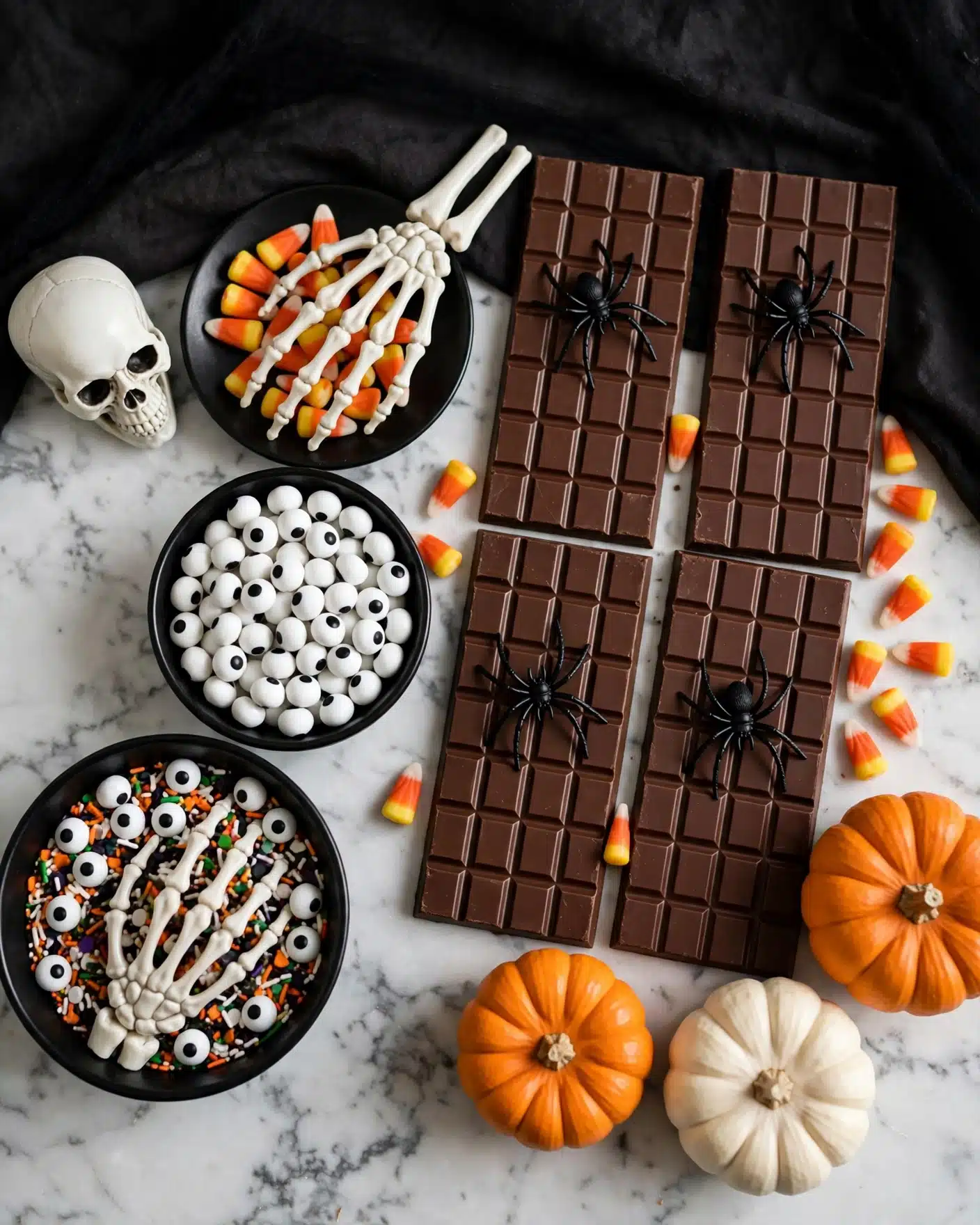 Spooky Halloween Chocolate Bark with Candy Corn, Pretzels, and Assorted Toppings Recipe 4 The image shows a dark background with six big chocolate bars arranged in two columns on the right side, each chocolate bar topped with black plastic spiders. Around the chocolate bars, there are several small orange and white candy corns scattered. On the top left, a small white skull sits beside a black plate holding candy corns and a white skeleton woman’s hand resting on the plate. Below that, a round black bowl is filled with white candy eyes, and to its left, a black bowl contains a mix of colorful sprinkles in orange, green, purple, white, and black with more white candy eyes on top, with another white skeleton woman’s hand placed inside the bowl. Two small orange pumpkins and one white pumpkin are placed on the right and bottom side of the scene. The entire setup is on a white marbled surface, creating a Halloween-themed visual. photo taken with an iphone --ar 4:5 --v 7
