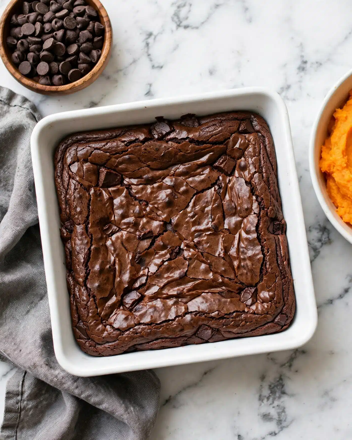 Pumpkin Cream Cheese Swirl Brownies Recipe 4 A square white baking dish holds a thick, dark brown brownie with a textured, cracked top layer showing a slightly shiny, baked crust with small chunks inside. The dish sits on a white marbled surface with a gray cloth partially under the dish on the left. In the top left corner, a small round wooden bowl filled with dark chocolate chips is visible, while on the right a white bowl with smooth, bright orange mashed sweet potato is partially shown. Photo taken with an iphone --ar 4:5 --v 7