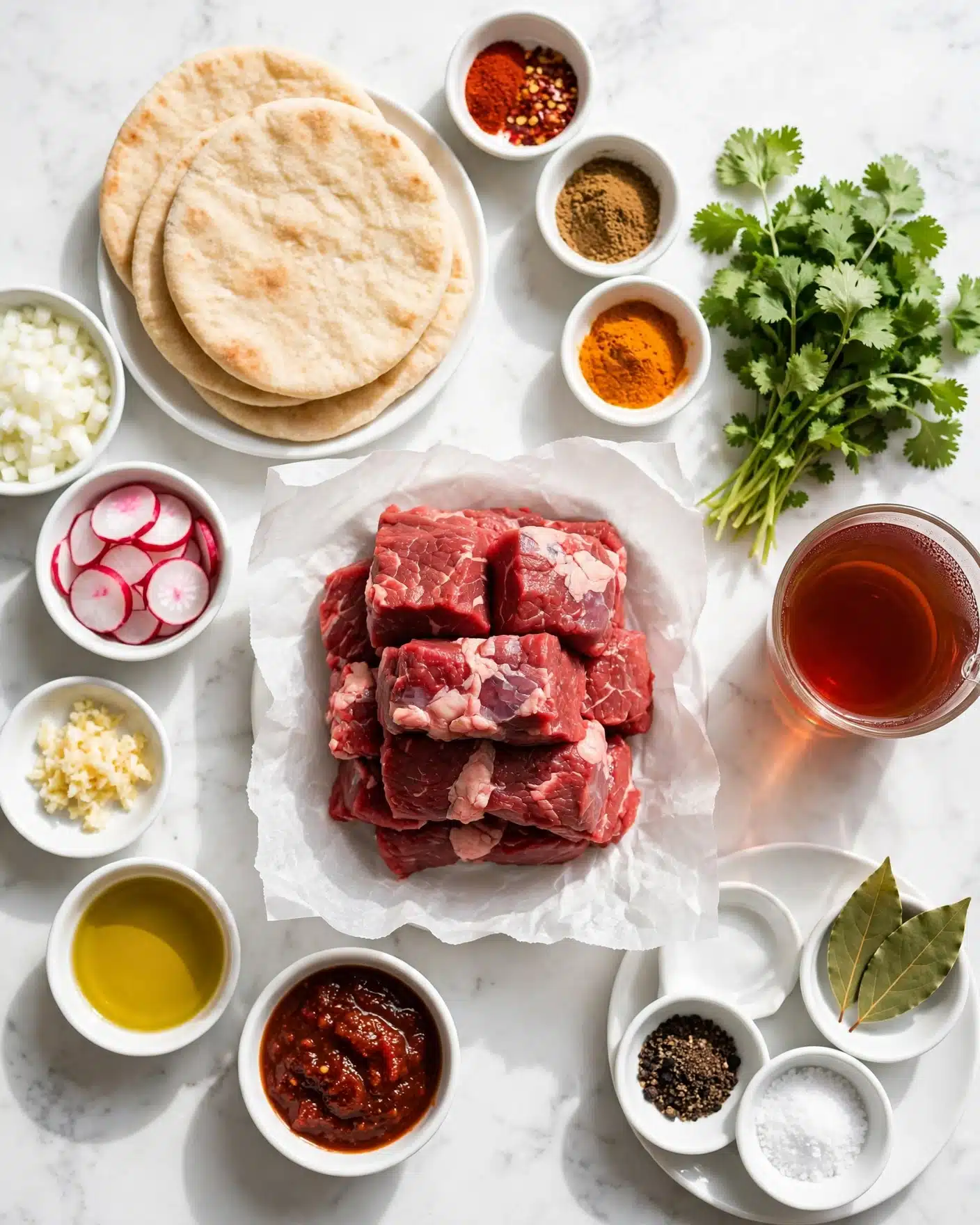 Slow Cooker Barbacoa Beef Recipe 4 The image shows several ingredients neatly arranged on a white marbled surface. In the center, there is a stack of raw red meat pieces with some white fat, placed on white parchment paper. On the left side, there is a white plate with three round flatbreads, and around it are small white bowls containing chopped white onions, sliced radishes, minced garlic, a golden liquid, a dark red chunky sauce, and multiple spices in red, brown, and orange colors. On the right side, there is a bunch of fresh green cilantro, a glass cup of reddish-brown liquid, and small bowls with coarse black pepper, white salt, and two green bay leaves on a white plate. The whole setup is bright and clean, suggesting a fresh and well-prepared meal ingredients photo taken with an iphone --ar 4:5 --v 7