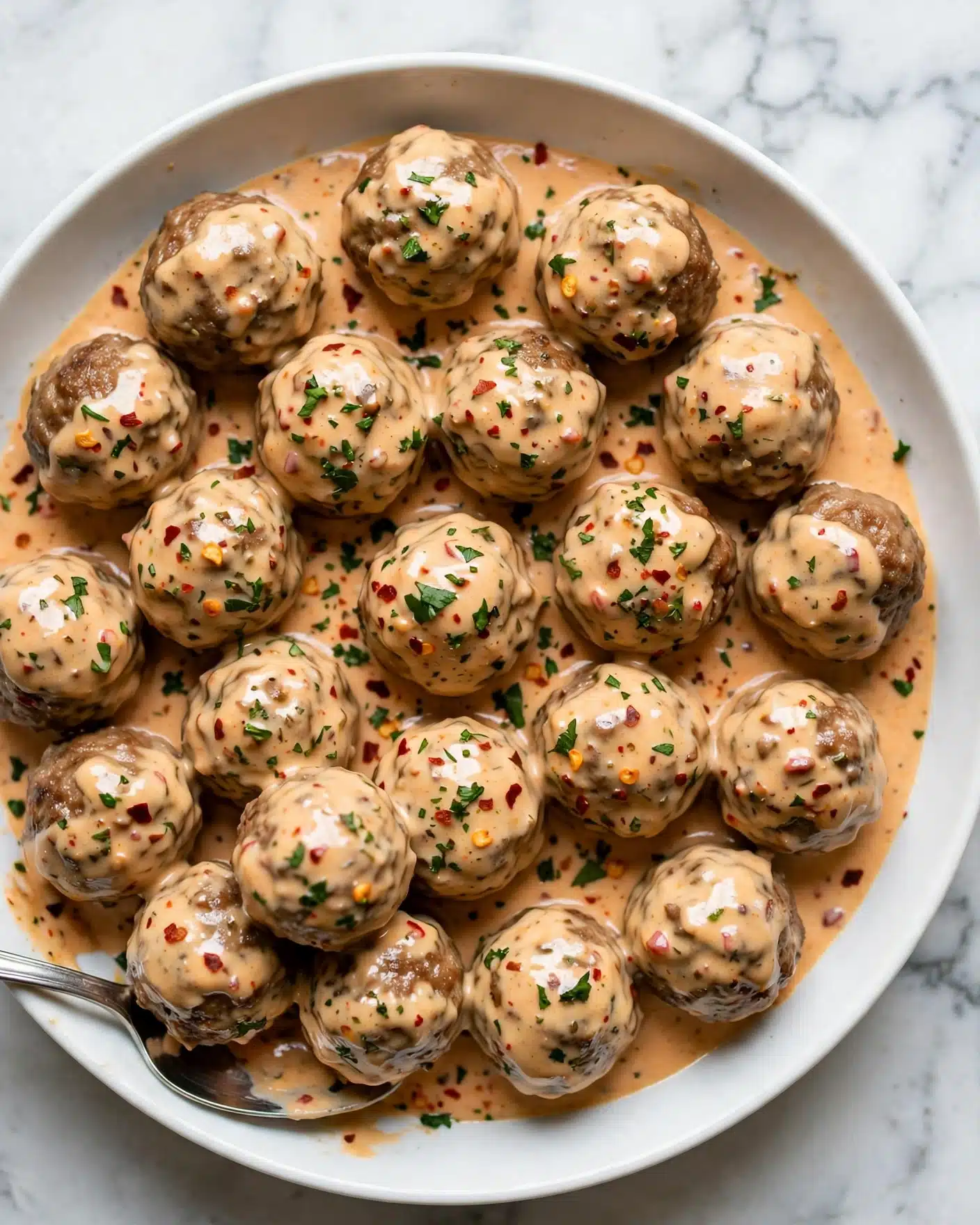 Turkey Meatballs in a Creamy Red Curry Sauce Recipe 5 A close-up view of a white dish filled with about twenty brown meatballs, all covered in a creamy light orange sauce with green herbs sprinkled on top. The meatballs show a slight shiny texture from the sauce, and small bits of red chili flakes are spread throughout the dish. A silver spoon with a rounded edge is resting in the bottom left corner, partially under some meatballs. The background is a white marbled surface. photo taken with an iphone --ar 4:5 --v 7