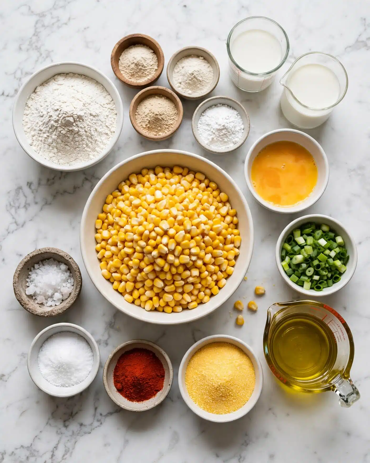 Easy Corn Fritters Recipe 4 The image shows an assortment of ingredients placed on a white marbled surface. In the center, there is one large round bowl filled with yellow corn kernels. Around it, there are several small bowls and containers holding different ingredients: a white bowl with flour on the top left, a few small wooden or ceramic bowls with white and light beige powders, a clear glass container with white liquid, a white bowl with orange beaten eggs, a small white bowl with yellow cornmeal, a small bowl with red spice powder, a small rough-textured bowl with coarse salt, another small bowl with fine white salt, a glass measuring cup with golden oil, and a white bowl filled with chopped green onions. The arrangement is neat and visually balanced. photo taken with an iphone --ar 4:5 --v 7