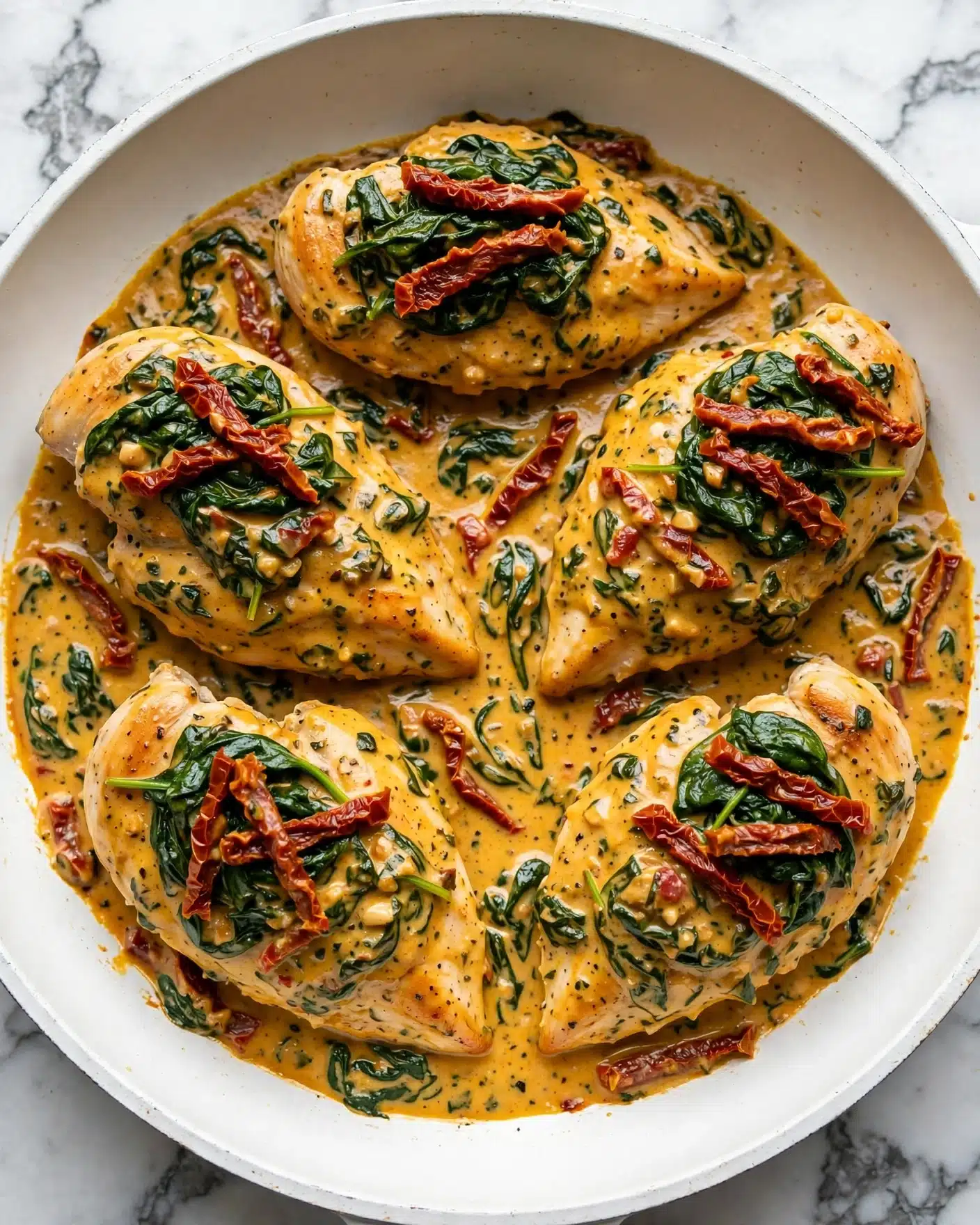 Creamy Tuscan Chicken Recipe 5 The image shows five pieces of cooked chicken placed in a pan, each piece topped with dark green wilted spinach leaves and red sun-dried tomato strips. The chicken is smothered in a thick creamy orange-yellow sauce filled with more spinach and sun-dried tomatoes, creating a textured, rich look. The edges of the pan are white, and the background surface beneath the pan has a white marbled texture. photo taken with an iphone --ar 4:5 --v 7