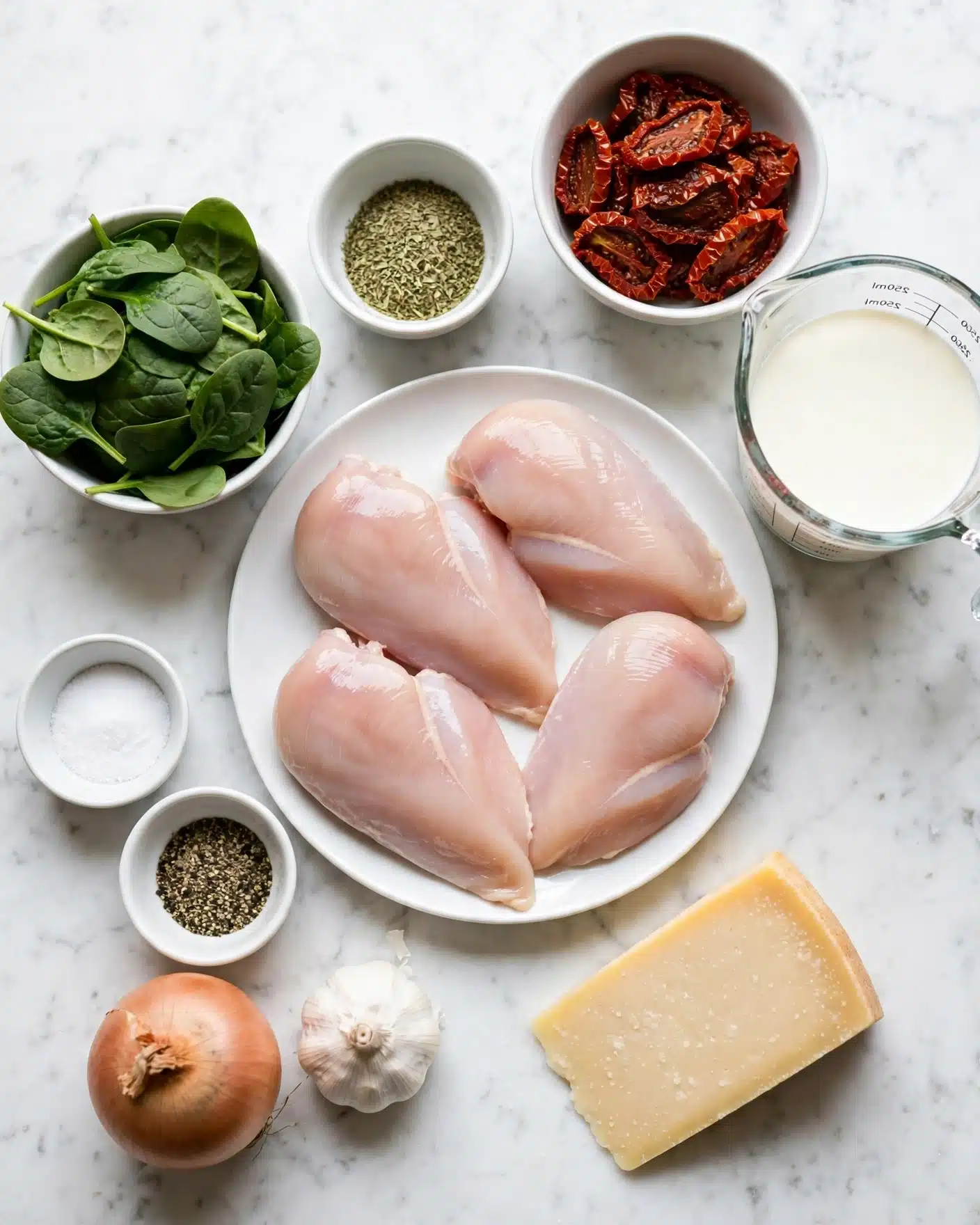 Creamy Tuscan Chicken Recipe 4 The image shows several cooking ingredients placed on a white marbled surface. At the center is a white plate holding four raw pale pink chicken breasts arranged loosely in a circle. To the top right of the plate is a small white bowl filled with dark red sun-dried tomatoes. Below the tomatoes is a glass measuring cup with white heavy cream. To the left of the cream is a small white bowl with green Italian seasoning. Further left is another white bowl filled with fresh, dark green baby spinach leaves. Below the spinach are two small white bowls containing salt and black pepper. At the bottom left, there is a whole light brown onion and next to it a white garlic bulb. Near the bottom right, there is a wedge of light yellow parmesan cheese. The whole scene is lit naturally and looks clean and fresh. Photo taken with an iphone --ar 4:5 --v 7