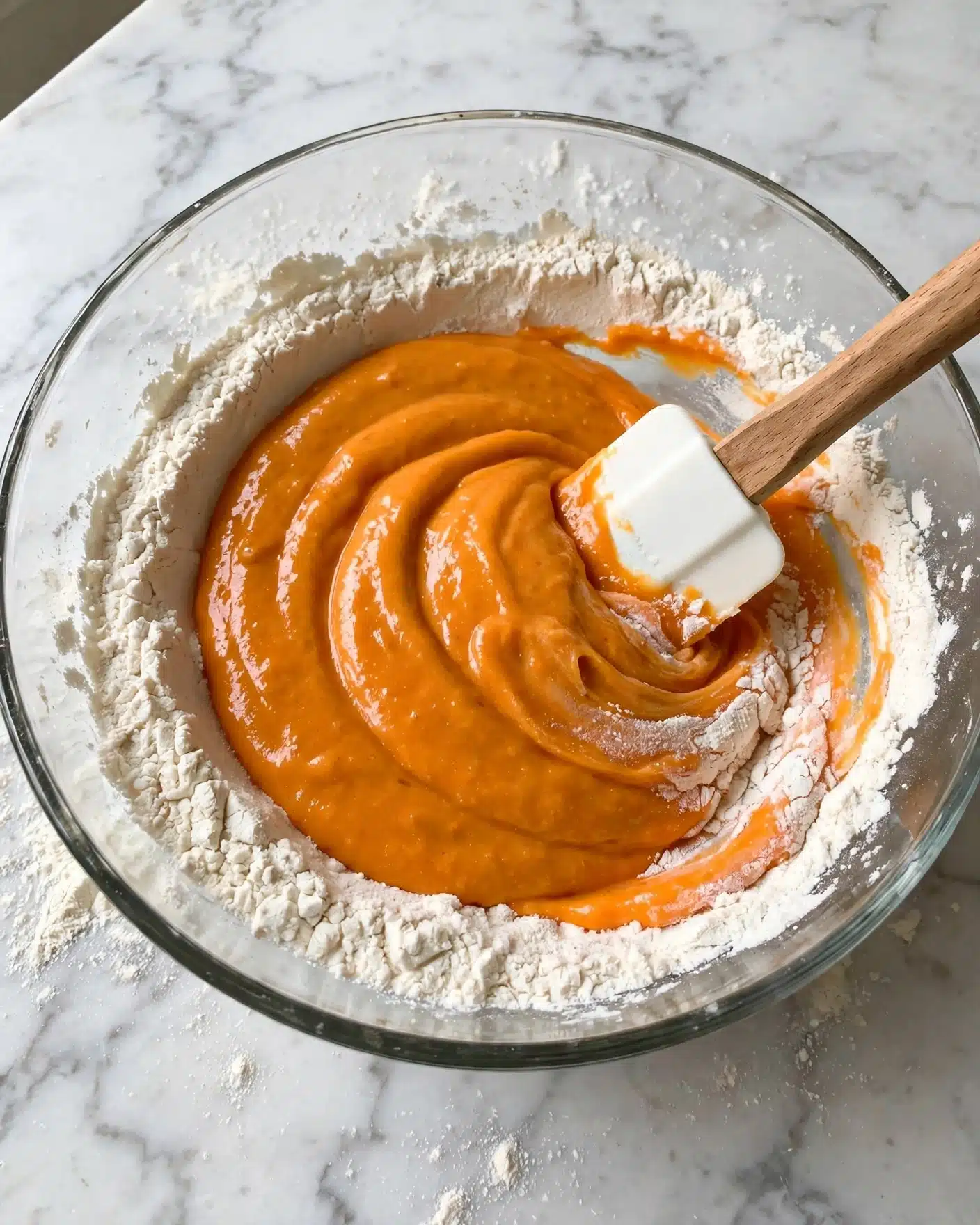 Pumpkin Cupcakes with Cream Cheese Frosting Recipe 4 A clear glass bowl sits on a white marbled surface, filled with dry white flour on the outer edges and a thick, smooth orange batter in the center, partially mixed with the flour. A white spatula with a wooden handle is stirring the mixture, showing the batter’s shiny, dense texture blending into the powdery flour. The bowl's edge is visible, and some flour remains unmixed around the sides. photo taken with an iphone --ar 4:5 --v 7