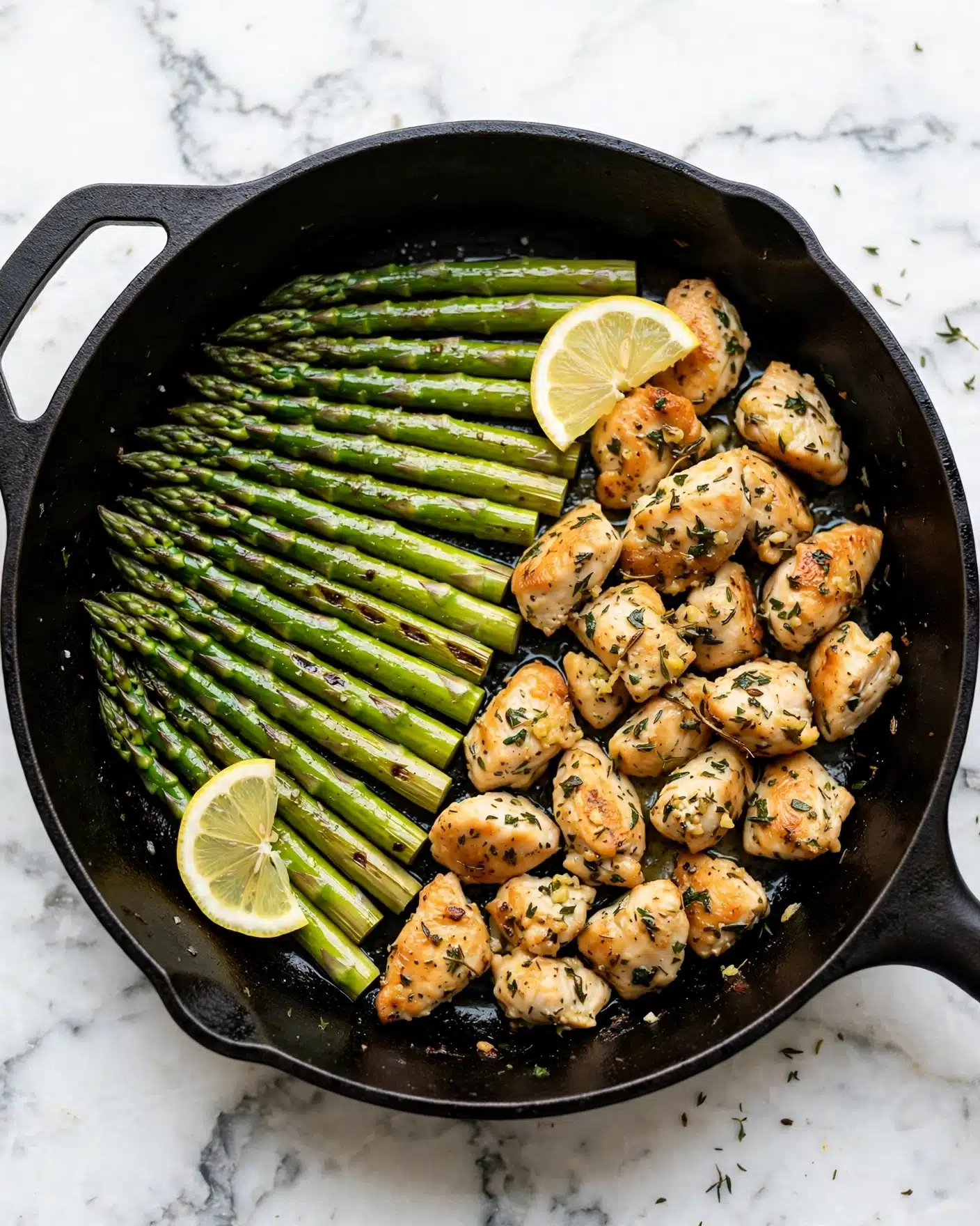 One-Pan Garlic Butter Chicken with Asparagus Recipe 5 The image shows a black pan filled with two main layers of food. On the left side, there is one layer of green asparagus spears, cooked and arranged neatly in a row, showing a slight shine from oil and light grill marks. On the right side, there is one layer of small pieces of golden-brown cooked chicken seasoned with herbs, scattered close together. Two thin yellow lemon slices are placed on top, one near the bottom left corner of the asparagus, and the other near the top center edge of the chicken pieces. The background is a white marbled texture. Photo taken with an iphone --ar 4:5 --v 7