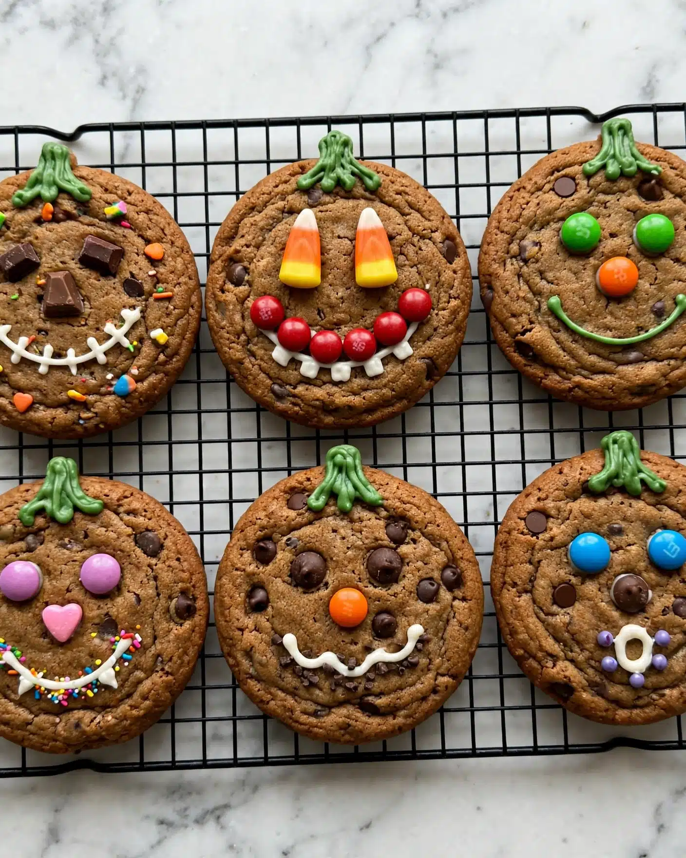 Jack-O-Lantern Pumpkin Cookies Recipe 5 There are six large round brown cookies on a black wire cooling rack. Each cookie has green icing at the top to look like pumpkin stems. The cookies have different colorful decorations on top: candies, small chocolate pieces, and white icing create faces with eyes, mouths, and noses. One cookie has two candy corns for eyes and red round candies for a smiling mouth with white icing teeth. Another cookie has green candies for eyes, an orange candy nose, and a green line of icing for a mouth. The background shows a white marbled texture. photo taken with an iphone --ar 4:5 --v 7