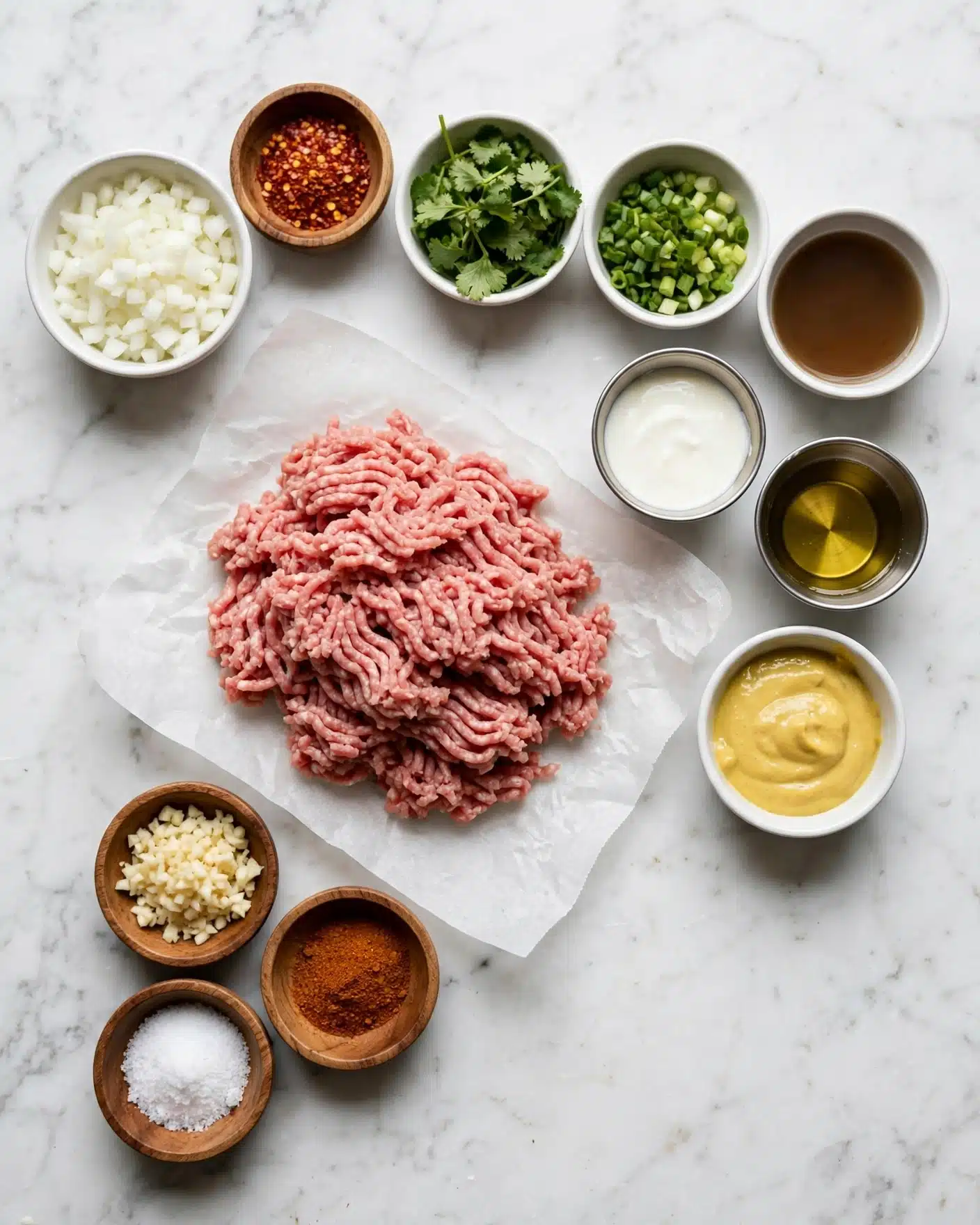 Turkey Meatballs in a Creamy Red Curry Sauce Recipe 4 The image shows a flat white marbled surface with various small white bowls and wooden bowls arranged around a central pile of raw ground meat placed on white parchment paper. Starting from the top left, there is a white bowl with finely chopped white onions, a wooden bowl with red chili flakes, and three white bowls containing different green herbs including cilantro and chopped scallions and another with a clear brown liquid. Below these, there are two small metal cups with a white creamy liquid and clear yellowish liquid, and a white bowl with a thick yellowish liquid. To the left bottom, there are a small wooden bowl with finely chopped garlic, another wooden bowl with reddish-brown spices, and a wooden bowl containing white salt. The composition is clean and ingredients are neatly placed in a semi-circle around the ground meat, which has a soft, fibrous texture in a pinkish hue. Photo taken with an iphone --ar 4:5 --v 7