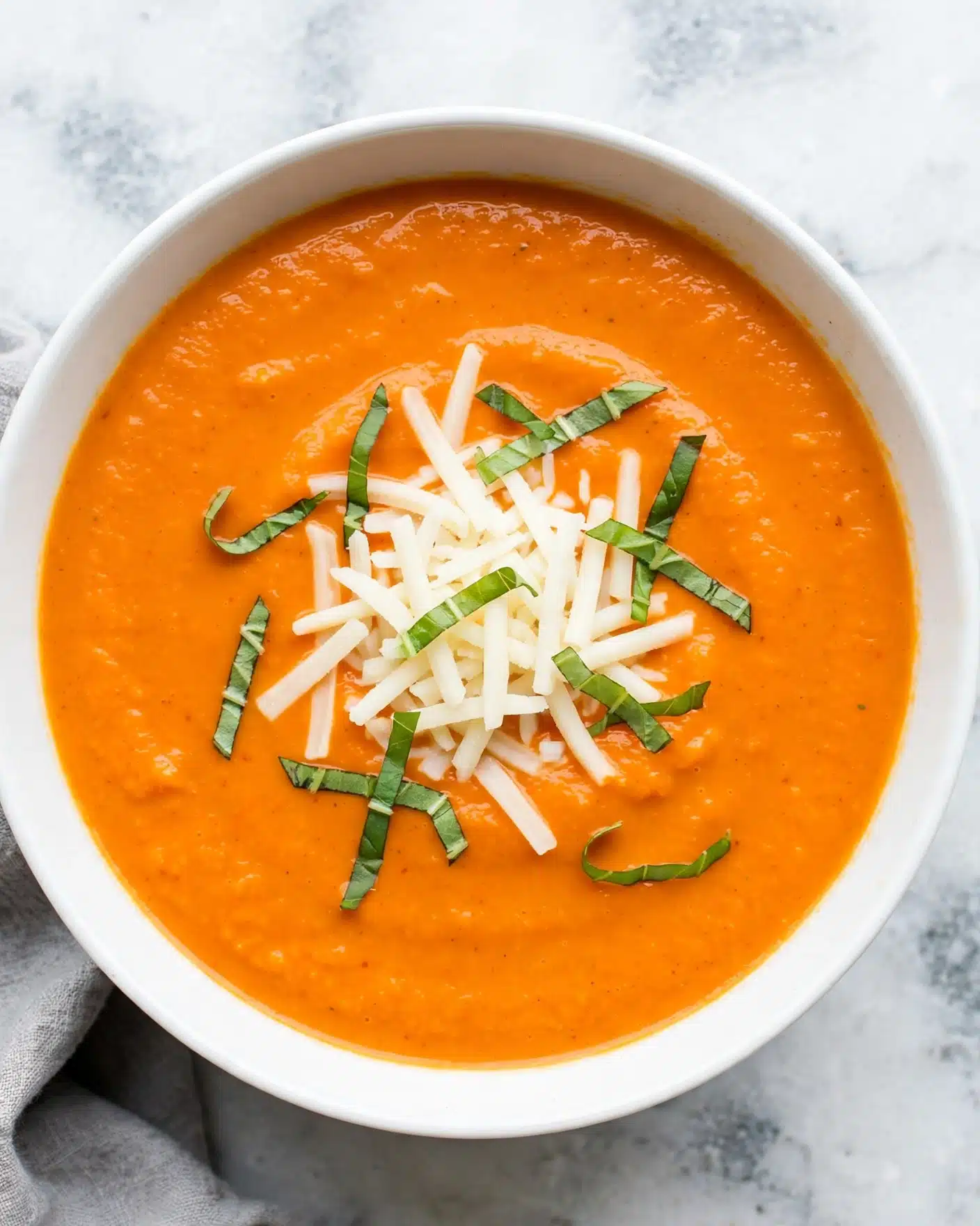 Creamy Tomato Soup Recipe 5 A white bowl filled with smooth bright orange soup, topped with a small pile of thin white shredded cheese at the center and sprinkled with thin strips of fresh green basil leaves. The soup’s texture looks creamy and slightly thick. The bowl is set on a white marbled surface with a bit of a grey cloth peeking from the edge. photo taken with an iphone --ar 4:5 --v 7