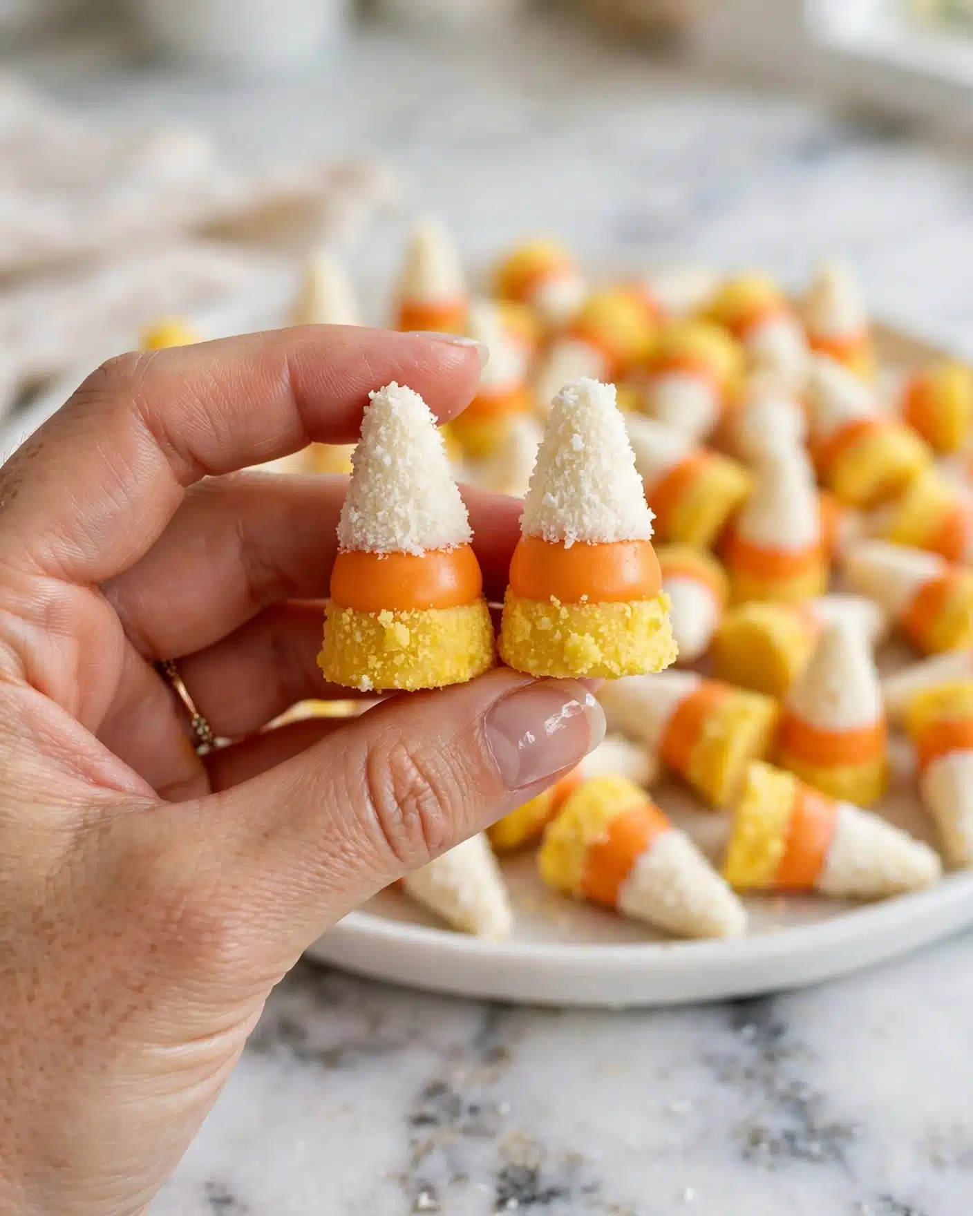 Candy Corn Cookies Recipe 5 A close-up of a woman's hand holding two candy pieces shaped like small cones with three distinct layers: the top layer is creamy white with a grainy texture, the middle layer is bright orange and smooth, and the bottom layer is yellow with a slightly rough surface. In the softly blurred background, there is a white tray filled with many similar candy pieces, all resting on a white marbled surface. The overall feel is bright and colorful, with a focus on the candy in the woman's hand. photo taken with an iphone --ar 4:5 --v 7