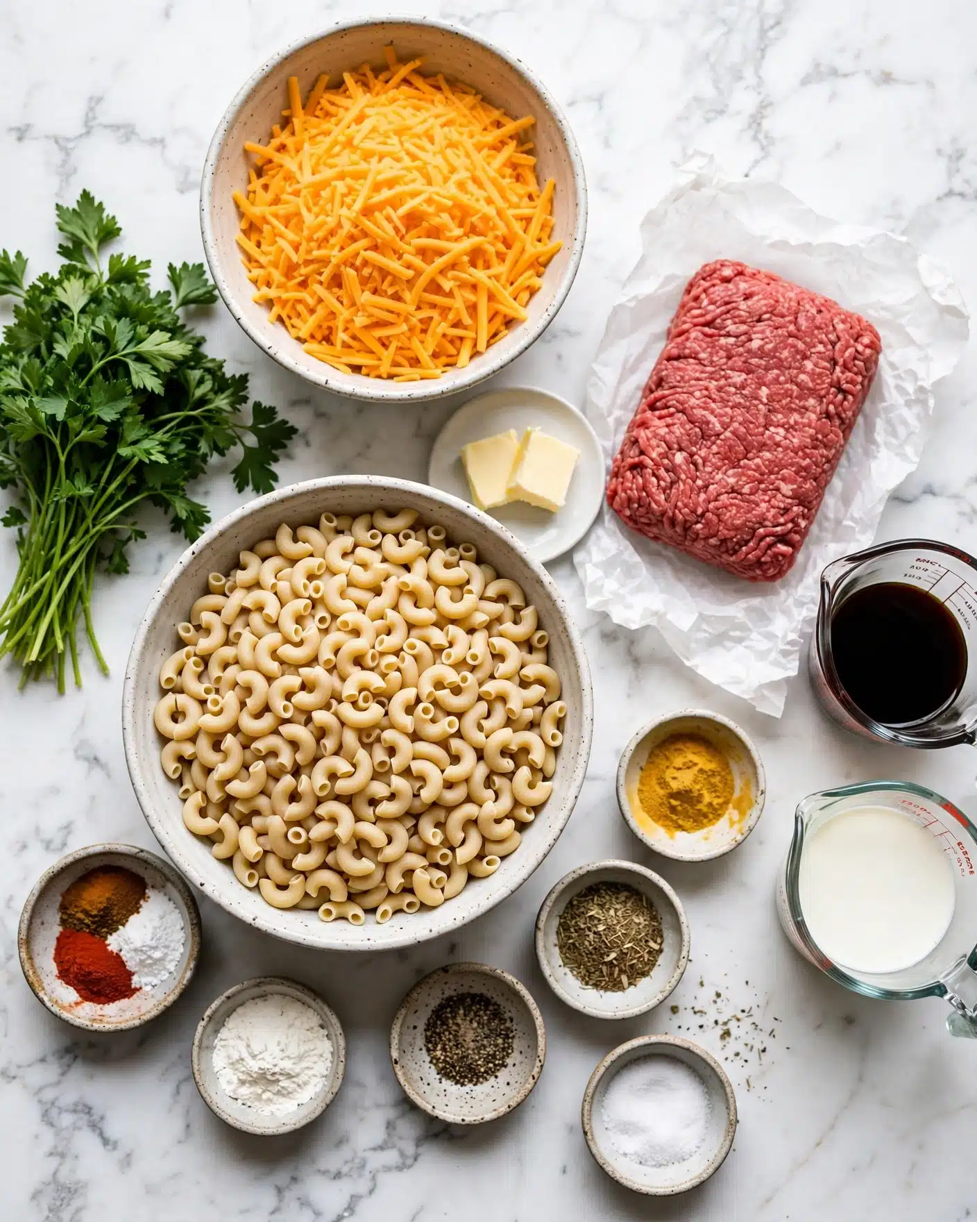 Creamy Hamburger Helper Recipe 4 A flat lay of ingredients on a white marbled texture: a rectangular block of raw ground meat sits on crumpled white paper to the right center; a large bowl of uncooked elbow macaroni with a light beige color and smooth texture is below it; a large bowl filled with shredded bright orange cheddar cheese is above the macaroni; a small white plate holds two pieces of pale yellow butter near the ground meat; small bowls with spices and seasonings surround the main items, including red powder, white powder, black pepper, salt, herb mix, and a yellowish powder; a bunch of fresh green parsley is to the far left; measuring glass cups hold a dark brown liquid and milk to the right; the scene is bright and clean. Photo taken with an iphone --ar 4:5 --v 7