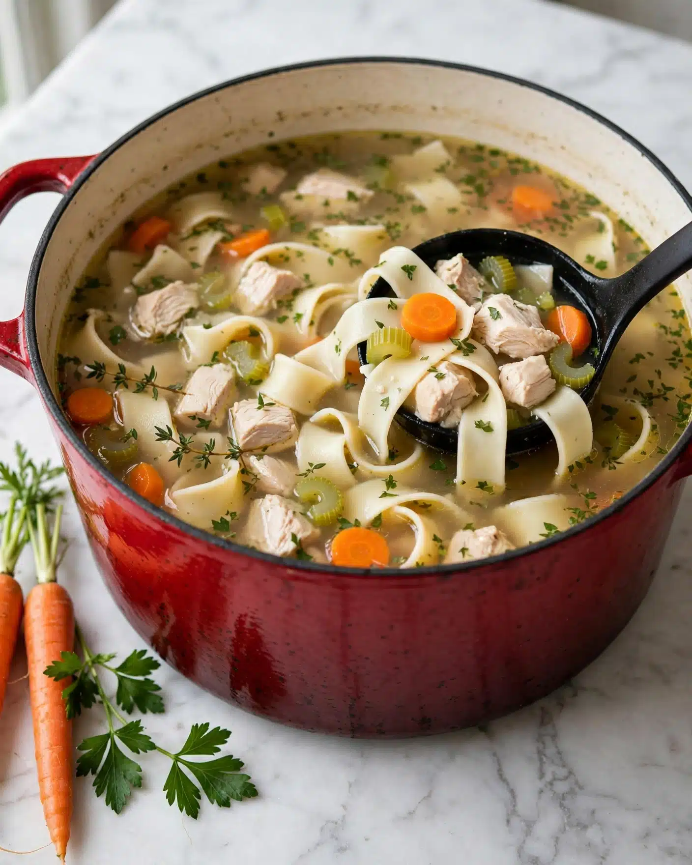 Hearty Chicken Noodle Soup with Fresh Vegetables Recipe 5 A large red pot filled with chicken noodle soup sits on a white marbled surface. The soup has several layers: a clear broth with small green herbs floating on top, chunks of white chicken pieces, thick flat noodles that are off-white and soft, small slices of bright orange carrots, and green celery pieces. A black ladle is scooping up a mix of these ingredients, showing the noodles, chicken, carrots, and celery all together. Nearby, a few sprigs of parsley and two orange carrots rest on the white marbled surface. Photo taken with an iphone --ar 4:5 --v 7