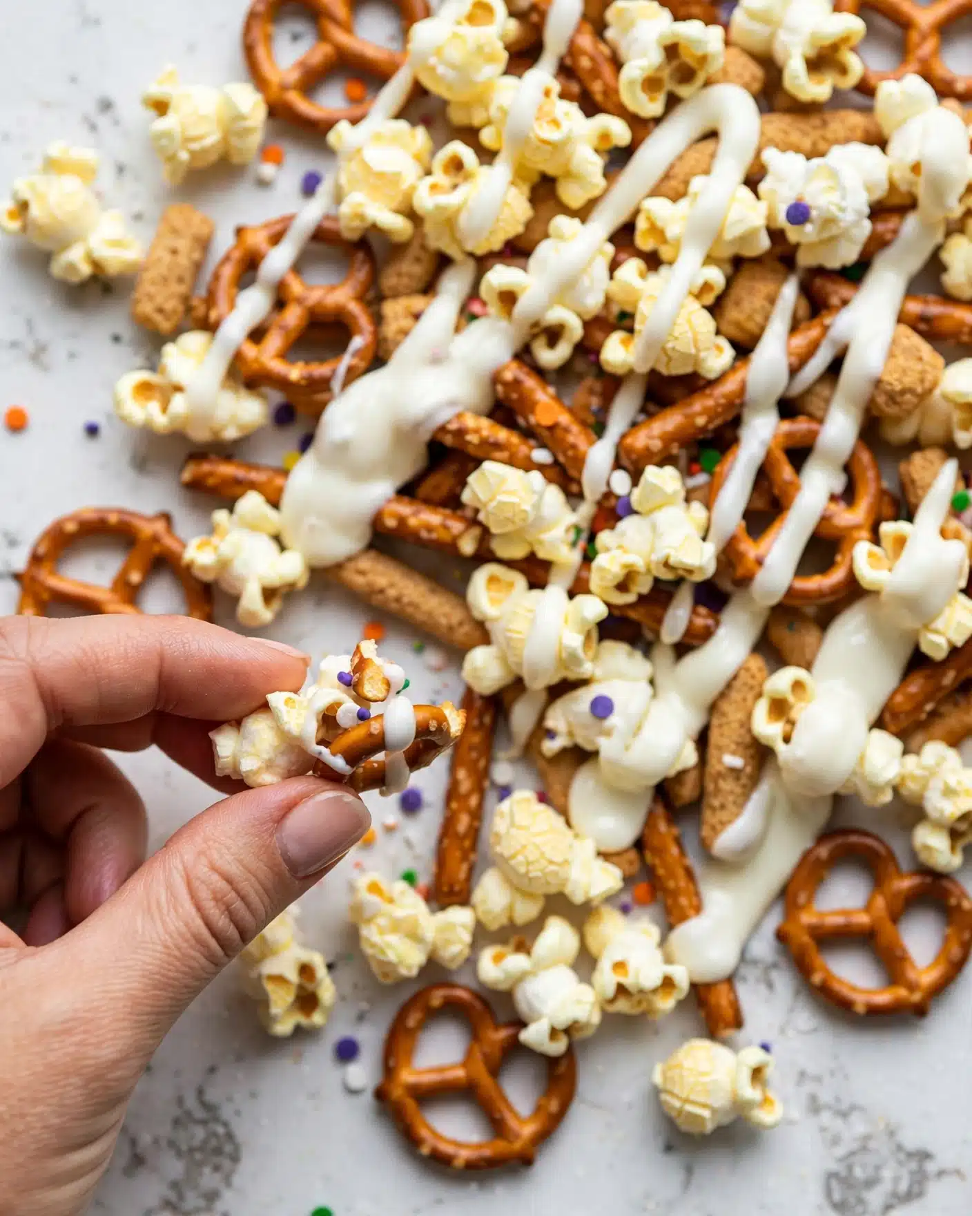 Monster Munch Popcorn Snack Mix Recipe 5 A close-up view of a snack mix spread on a white marbled surface, showing layers of pale yellow popcorn and brown pretzels. Drizzled over the top is a layer of white drizzle that looks smooth and slightly thick. On the surface, there are small colorful sprinkles in purple, orange, green, and white, scattered unevenly, adding bright spots to the mix. A woman's hand is pinching a small portion of the snack in the lower left corner, giving a sense of scale. The overall look is a crunchy sweet and salty treat with a festive vibe. photo taken with an iphone --ar 4:5 --v 7