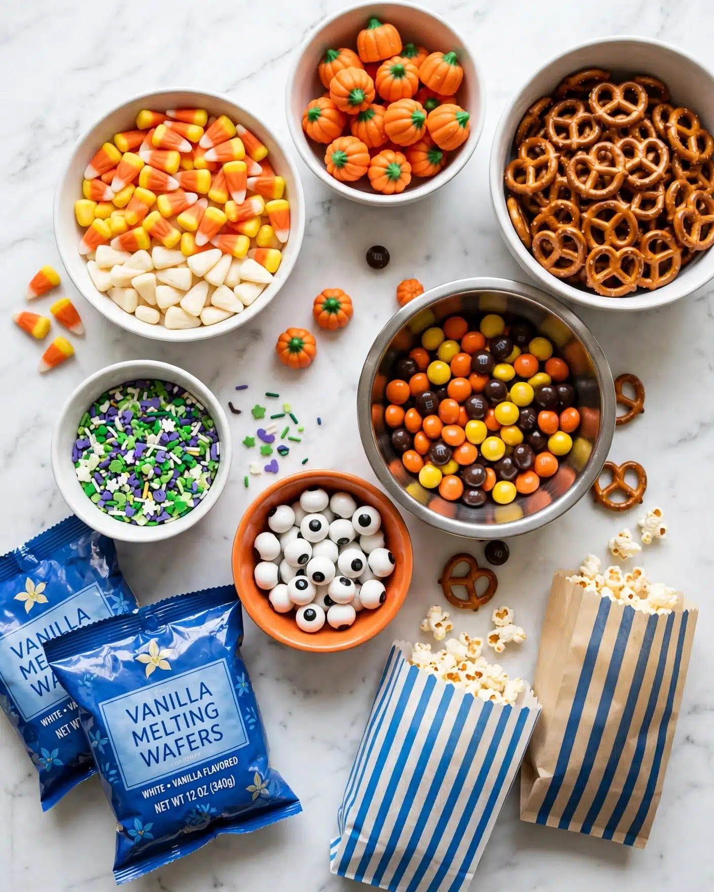 Monster Munch Popcorn Snack Mix Recipe 4 Several white bowls filled with different candy and snack items are placed on a white marbled surface. One bowl holds orange, yellow, and white candy corn pieces in three layers, another bowl contains small pumpkin-shaped orange candies with green stems, and a larger bowl is filled with salty brown pretzels. A metal bowl has shiny round candy-coated pieces in orange, yellow, and dark brown colors. A small orange bowl contains white candy eyeballs with black centers. Another white bowl holds Halloween-themed sprinkles with green, purple, and white colors. There are also some blue bags of white vanilla-flavored melting wafers and a few paper popcorn bags with blue stripes nearby. The photo taken with an iphone --ar 4:5 --v 7