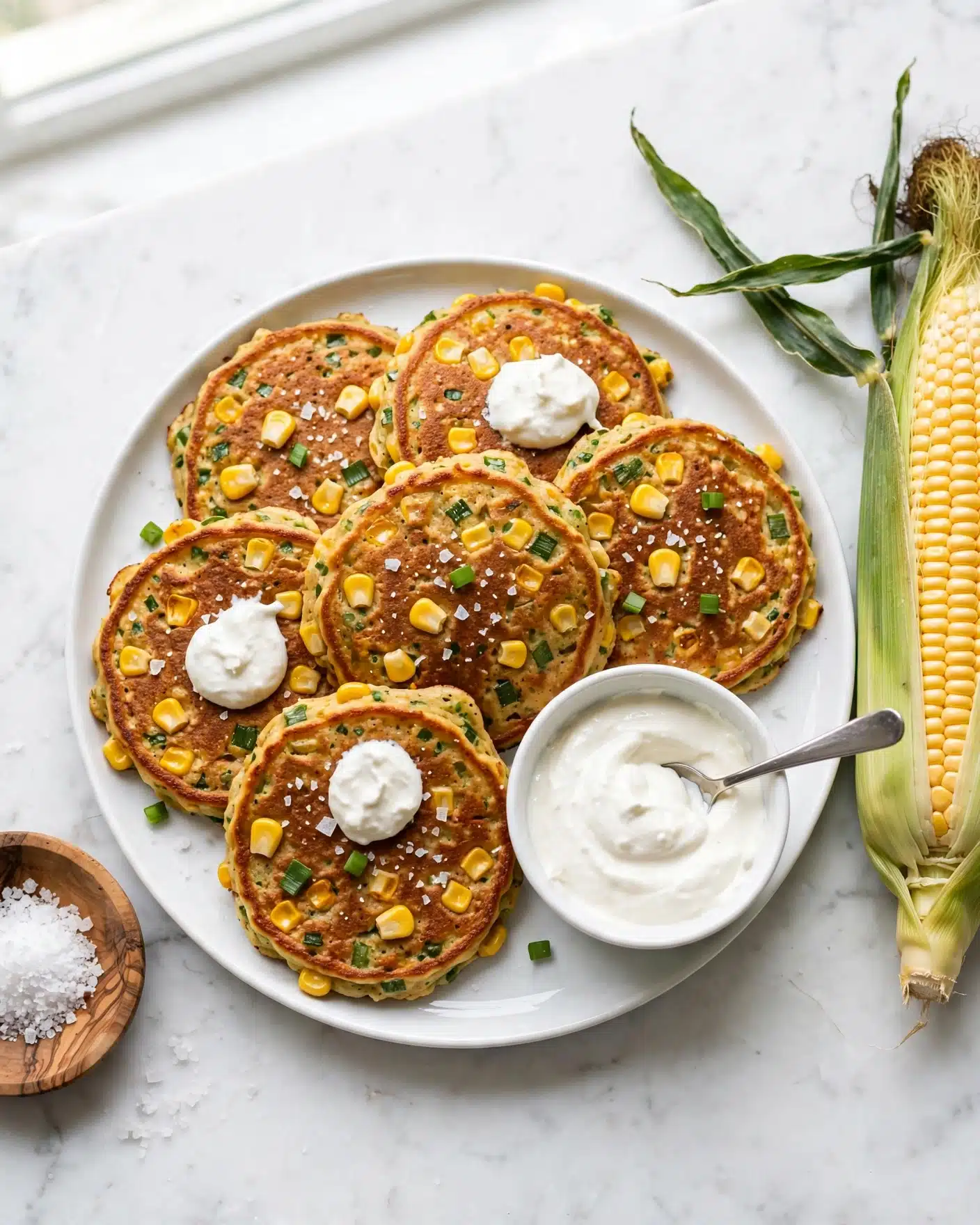 Easy Corn Fritters Recipe 5 A white plate holds six golden brown corn pancakes with visible corn kernels and small green onion pieces mixed inside. The pancakes have a slightly crispy texture and are sprinkled with coarse salt. Dollops of thick white cream sit on top of some pancakes and more cream is in a small white bowl on the plate with a spoon inside. To the side, a wooden dish contains coarse salt, and an ear of corn with green husks partially removed rests on the white marbled surface. The scene is bright and clean, showing fresh and tasty food. photo taken with an iphone --ar 4:5 --v 7