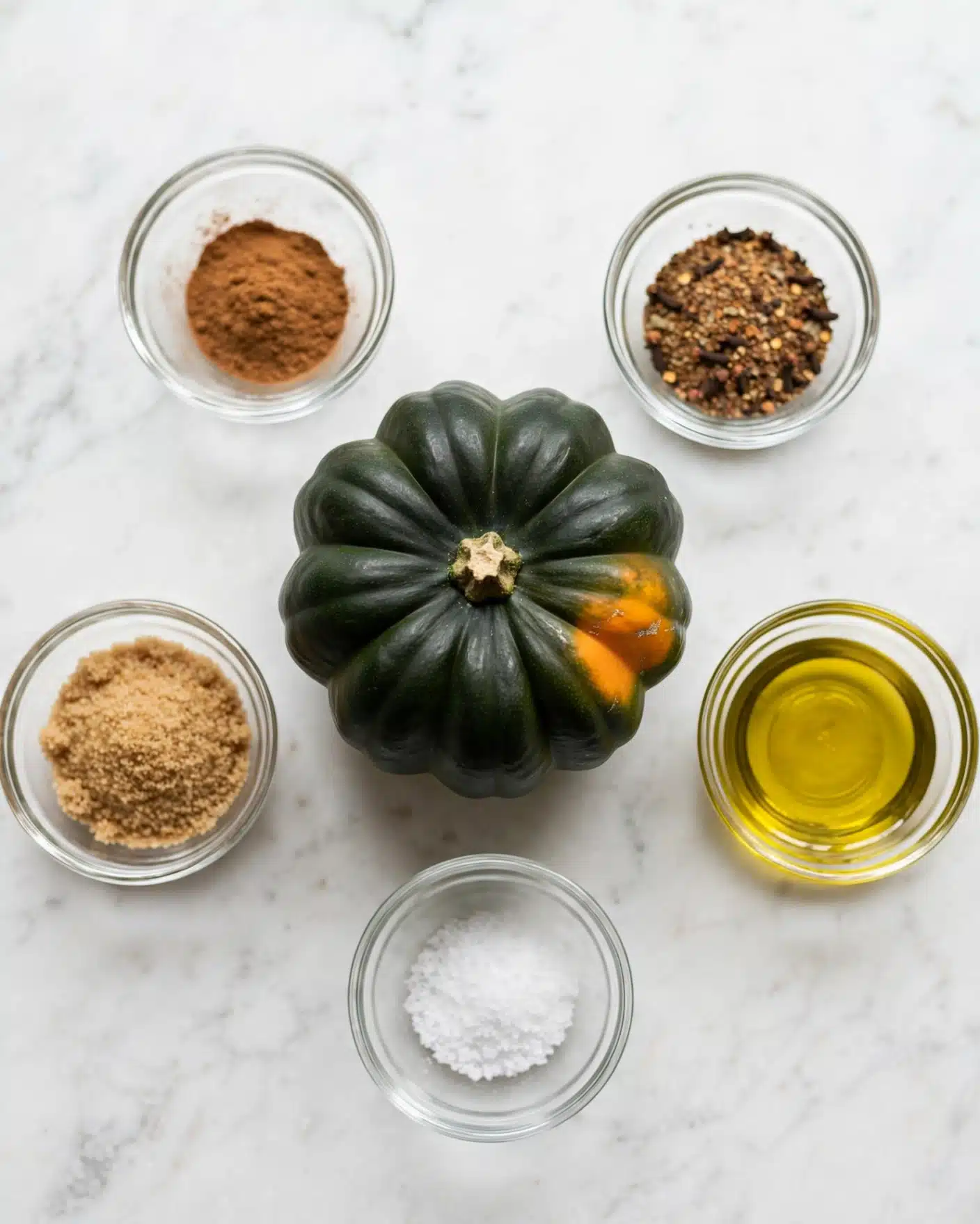 Brown Sugar Acorn Squash Recipe 4 A dark green acorn squash with a patch of orange sits in the center on a white marbled surface, surrounded by five small clear glass bowls. The bowls hold, clockwise from top left, brown cinnamon powder, mixed brown spices, yellow olive oil, white coarse salt, and light brown sugar. The clean and simple setup shows the ingredients neatly spaced and clearly visible with soft natural light. Photo taken with an iphone --ar 4:5 --v 7