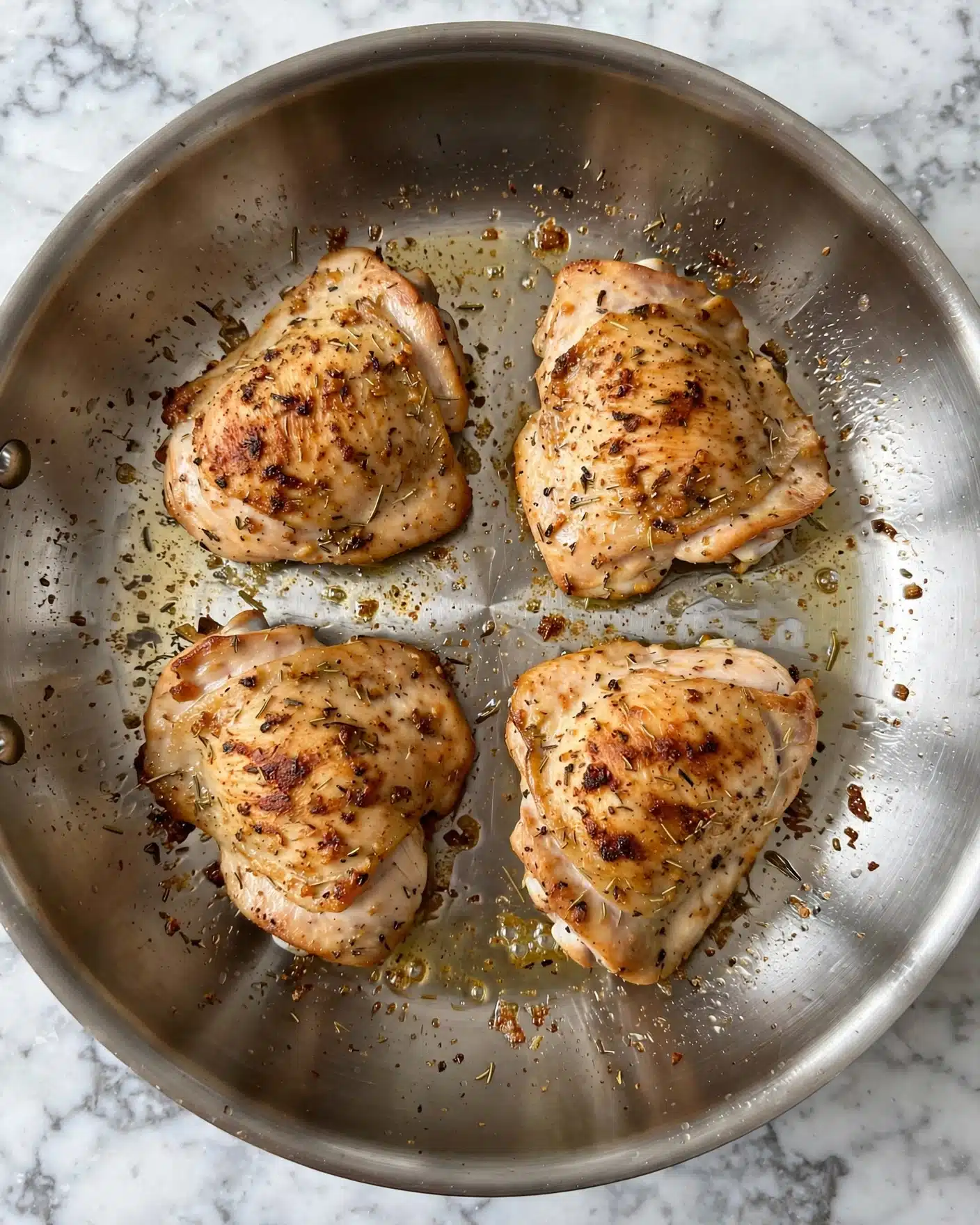 Creamy Dijon Chicken Recipe 4 The image shows four cooked pieces of seasoned chicken in a large silver pan. Each piece has a light golden brown color with some darker browned spots that show a cooked texture on the surface. The chicken pieces are placed flat and spaced evenly inside the pan, which rests on a white marbled surface. The pan has a shiny metallic finish with a bit of cooking residue and oil around the chicken. photo taken with an iphone --ar 4:5 --v 7