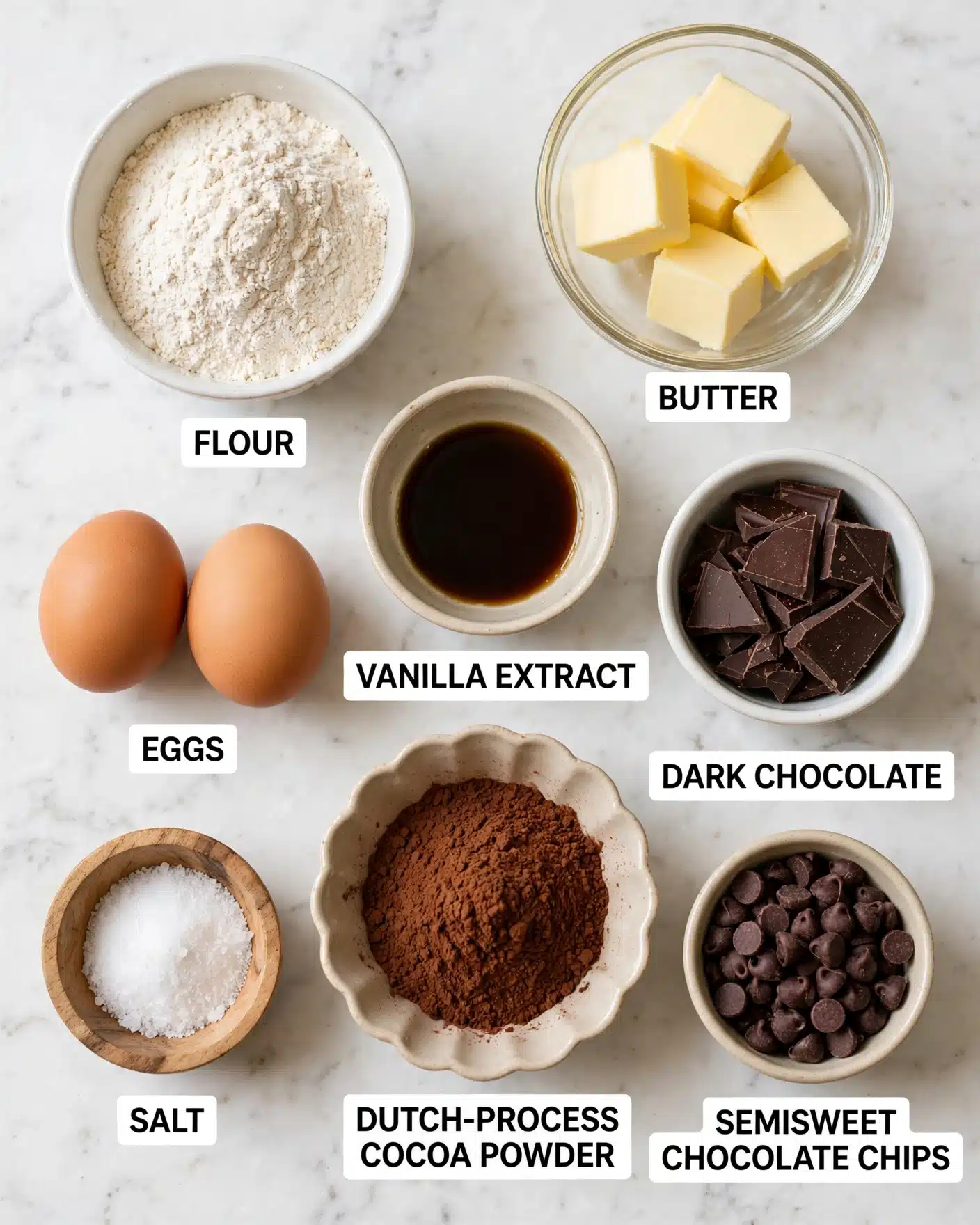 Seriously Fudgy Homemade Brownies Recipe 4 The image shows eight different ingredients placed neatly on a white marbled surface. In the top left, there is a white bowl filled with light beige flour, next to it on the right is a clear glass bowl containing several cubes of pale yellow butter. Below the flour, two white eggs rest side by side. A small beige bowl with dark brown vanilla liquid is positioned in the center. To the right of the vanilla, a white bowl is filled with broken pieces of dark chocolate. Below the eggs, a small light wooden bowl holds white salt crystals. In the center bottom, a beige bowl with a scalloped edge contains deep reddish-brown Dutch-process cocoa powder. At the bottom right, a clear glass bowl is filled with white granulated sugar. Another beige bowl with semisweet chocolate chips is seen at the bottom left. Each bowl and ingredient is clearly labeled with bold black text on white backgrounds photo taken with an iphone --ar 4:5 --v 7