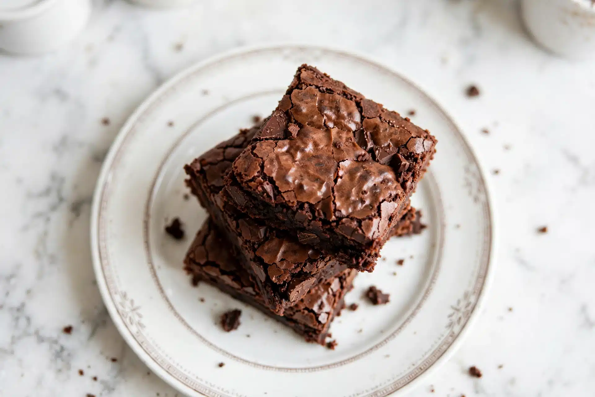 Seriously Fudgy Homemade Brownies Recipe 5 Three thick, dark brown brownie squares are stacked unevenly on a white plate with a subtle brown trim pattern. The brownies have a cracked, slightly shiny top layer with a rough, crumbly texture, showing some chocolate chunks inside. The dense, moist interior contrasts with the cracked outer crust. The plate sits on a white marbled surface, softly blurred in the background are white containers. Photo taken with an iphone --ar 4:5 --v 7