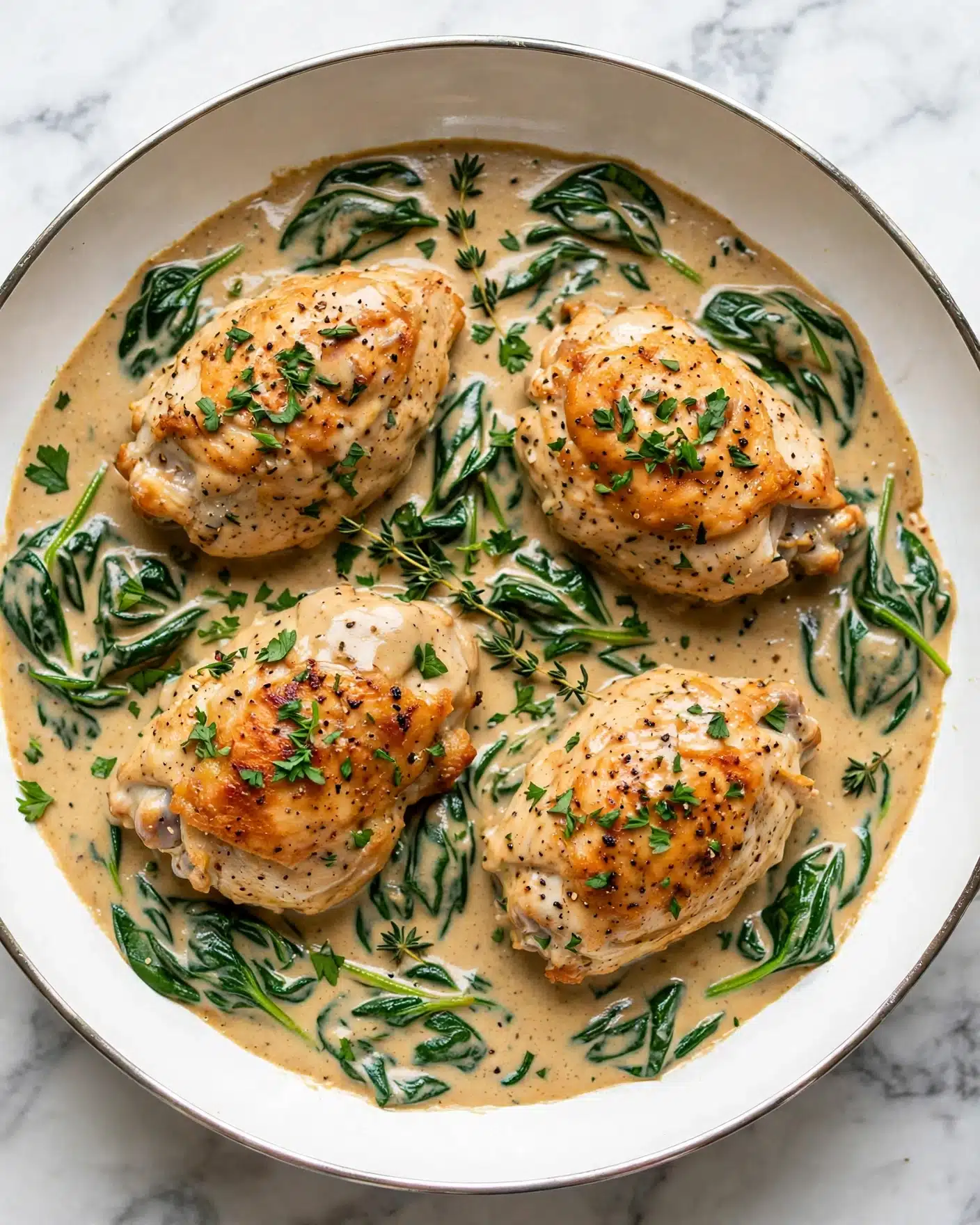 Creamy Dijon Chicken Recipe 5 A close-up view of four golden brown cooked chicken pieces sitting in a creamy yellow sauce with specks of black pepper and fresh green spinach leaves scattered through the sauce. The chicken has a slightly crispy texture with visible seasoning. The sauce looks thick and smooth, covering the chicken partially, while fresh green herbs are sprinkled on top for garnish. The scene is set on a white marbled surface. photo taken with an iphone --ar 4:5 --v 7