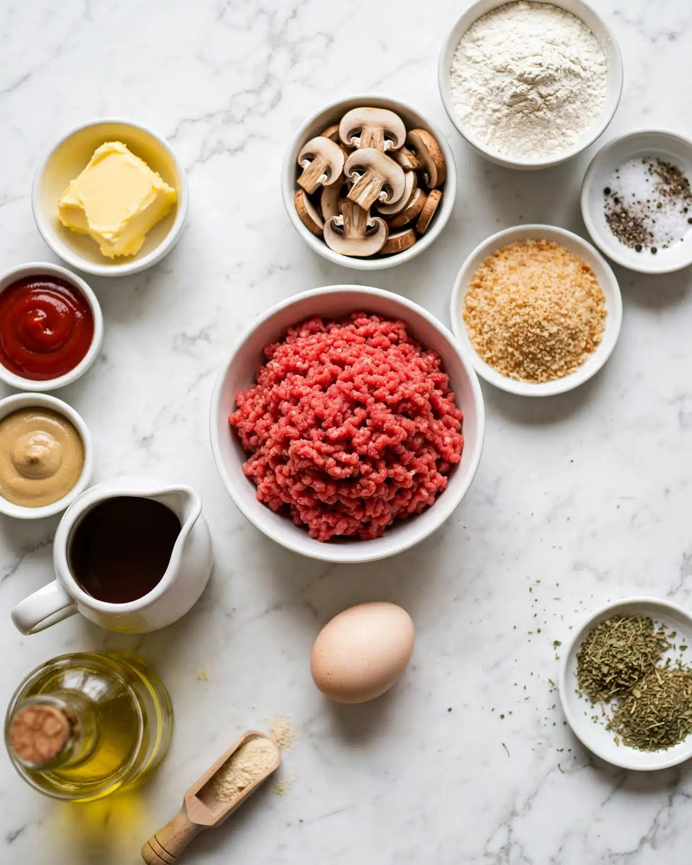 Easy Homemade Salisbury Steak Recipe 4 A flat lay image showing various ingredients placed on a white marbled surface. In the center, there is a small white bowl filled with bright red ground meat. Around it are white bowls and small dishes holding sliced light brown mushrooms, white flour, breadcrumbs, and a mix of salt and black pepper. There is a light beige egg placed near the bottom center. To the left, there are small white bowls with yellow butter, red ketchup, and a pale brown mustard. There is also a white pitcher filled with a dark brown liquid and a clear glass bottle with a yellow oil inside. A tiny wooden scoop with light beige powder and a small dish with green dried herbs complete the arrangement. The colors are natural and soft, with a rustic feel. photo taken with an iphone --ar 4:5 --v 7