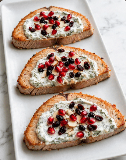 A long white plate holds three slices of golden brown flatbread, each slice topped with a thick spread of creamy white sauce with green herb bits mixed in. On top are scattered bright red pomegranate seeds, dark dried berries, and slivered almonds, creating a colorful contrast. The flatbread edges are crispy and slightly puffed while the center looks soft. In the background, the white marbled surface adds a clean and bright feel to the scene. Photo taken with an iphone --ar 4:5 --v 7