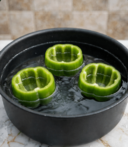 Three hollowed green bell pepper tops are floating in clear water inside a black pot. The peppers are bright green with a smooth and shiny texture, and the inside containers of the pepper show the white seeds and ribs. The pot sits on a white marbled surface with beige and light brown tiles in the blurry background. The number