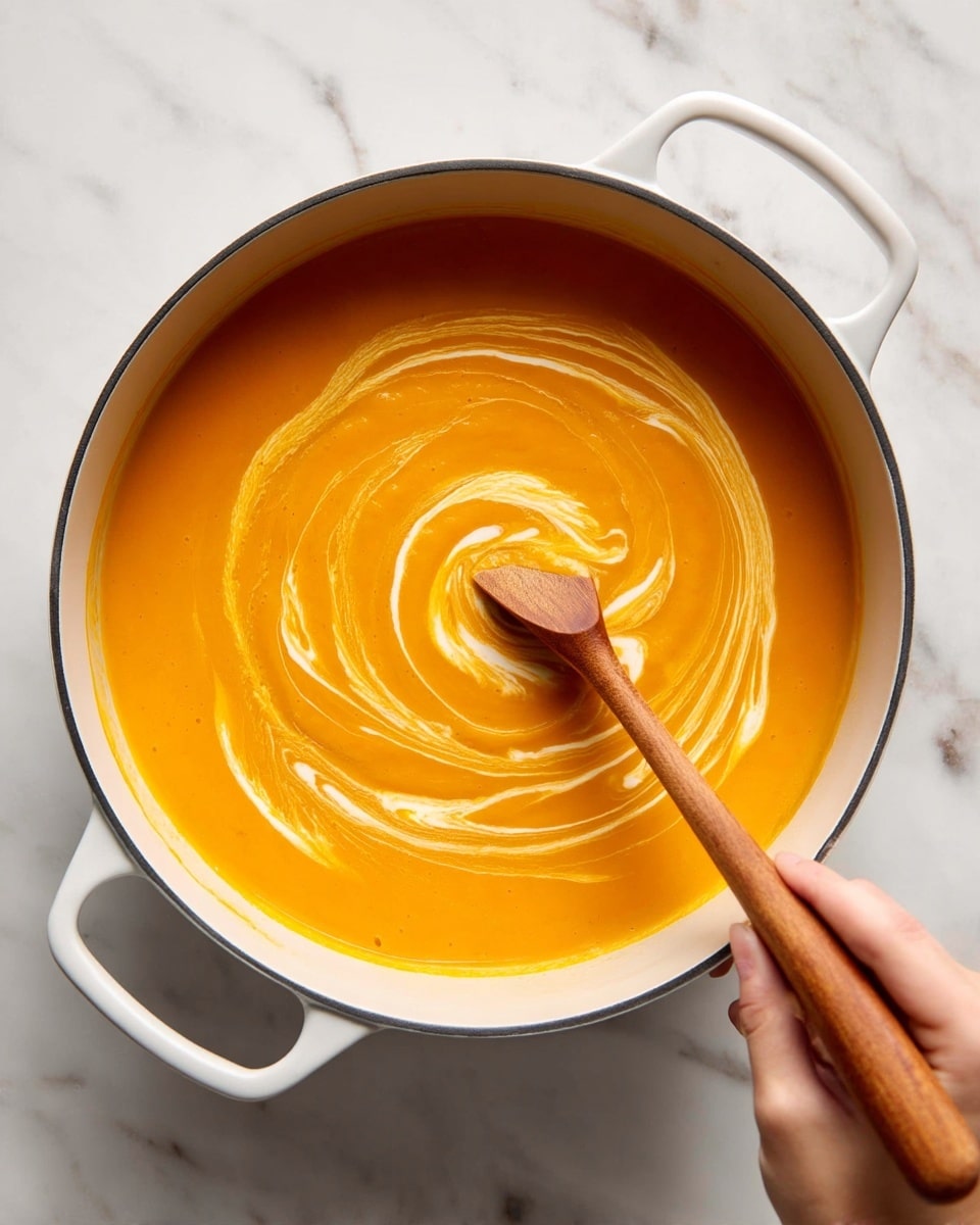 A round white pot filled with smooth orange soup, with a swirl of cream on top that creates a gentle spiral pattern. A wooden spoon is resting inside the pot, stirring the soup, with a woman's hand holding the spoon. The pot sits on a white marbled surface, and the soup has a shiny and creamy texture, inviting and warm. Photo taken with an iphone --ar 4:5 --v 7