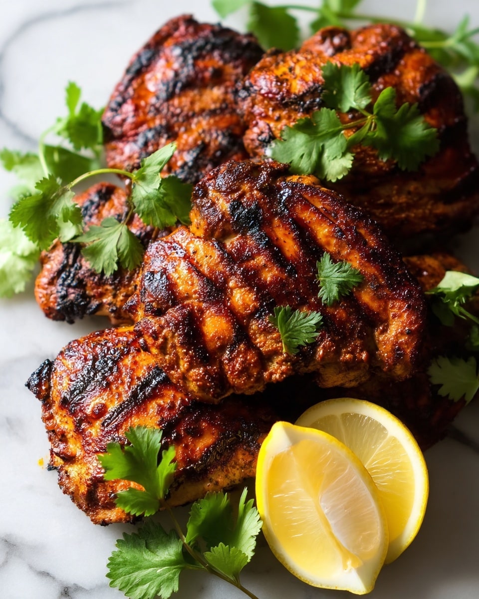 The image shows several grilled chicken pieces stacked closely together, each piece with dark brown, slightly charred grill marks and a crispy texture that suggests a flavorful crust. Bright green cilantro leaves are scattered over the chicken, adding fresh contrast in color. On the right side, there are two lemon wedges with a pale yellow inside and smooth rind, placed on a white marbled surface. The lighting highlights the juicy texture of the chicken and the natural shine on the lemon wedges. photo taken with an iphone --ar 4:5 --v 7