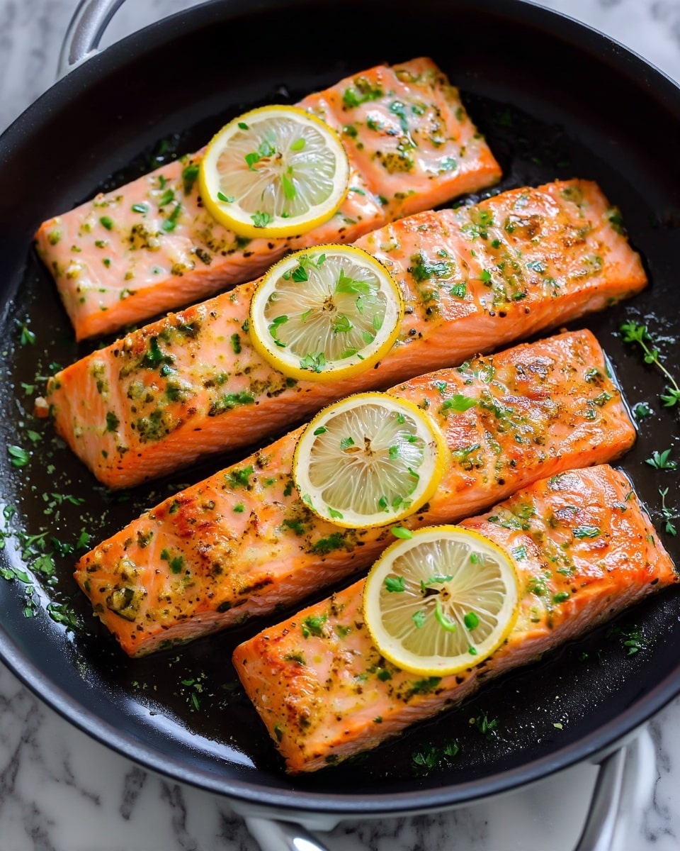 The image shows four pieces of cooked salmon fillets arranged side by side inside a black pan. Each salmon fillet has a pink-orange color with a soft texture and small herbs sprinkled on top. On top of each fillet, there is a thin, round slice of lemon with a light yellow and slightly translucent look. The pan is set over a white marbled surface. photo taken with an iphone --ar 4:5 --v 7
