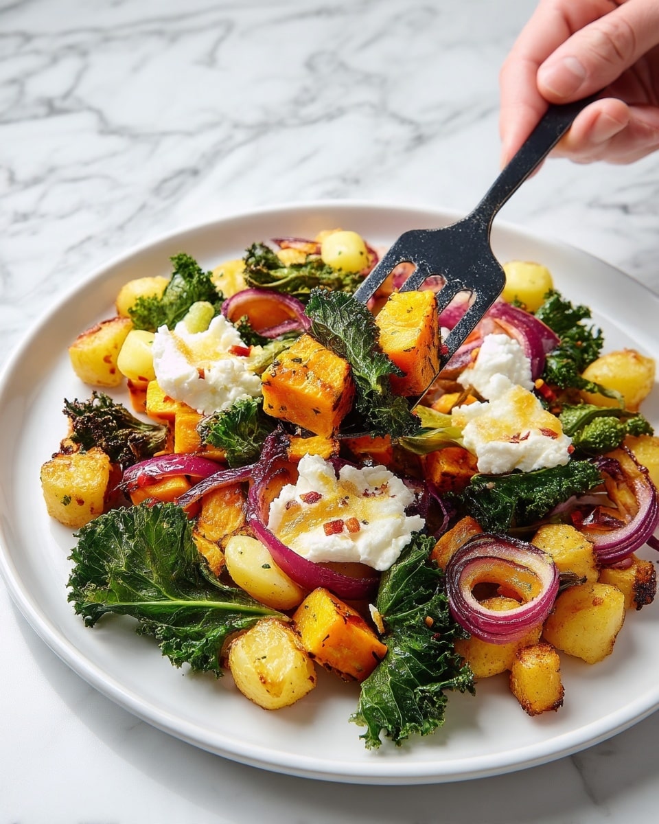 The image shows a white plate with roasted vegetables layered in a colorful mix. The bottom layer has small, golden-brown potato cubes with a crispy texture. On top, there are slices of cooked red onion with a soft, translucent look. Scattered around are bright orange chunks of roasted squash. Green crispy kale leaves add a fresh and crunchy texture all over the dish. White dollops of soft cheese are placed evenly on top, providing a creamy contrast to the roasted vegetables. A woman's hand holding a black spatula is lifting a mix of these vegetables. The background is a white marbled surface. photo taken with an iphone --ar 4:5 --v 7